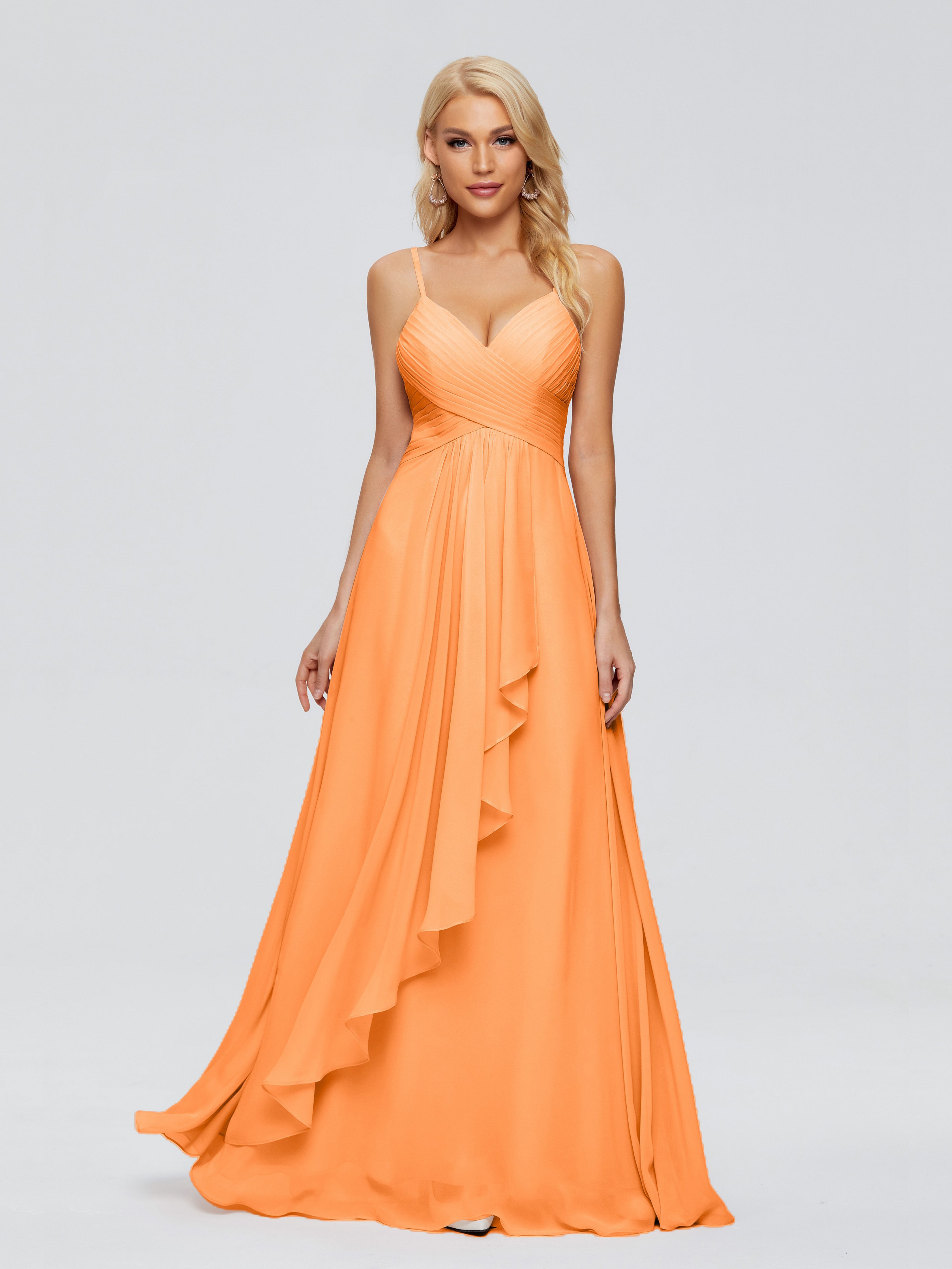 Robe Demoiselle D Honneur Orange Trapèze Bretelles Spaghetti Mousseline Robes Demoiselle D'Honneur