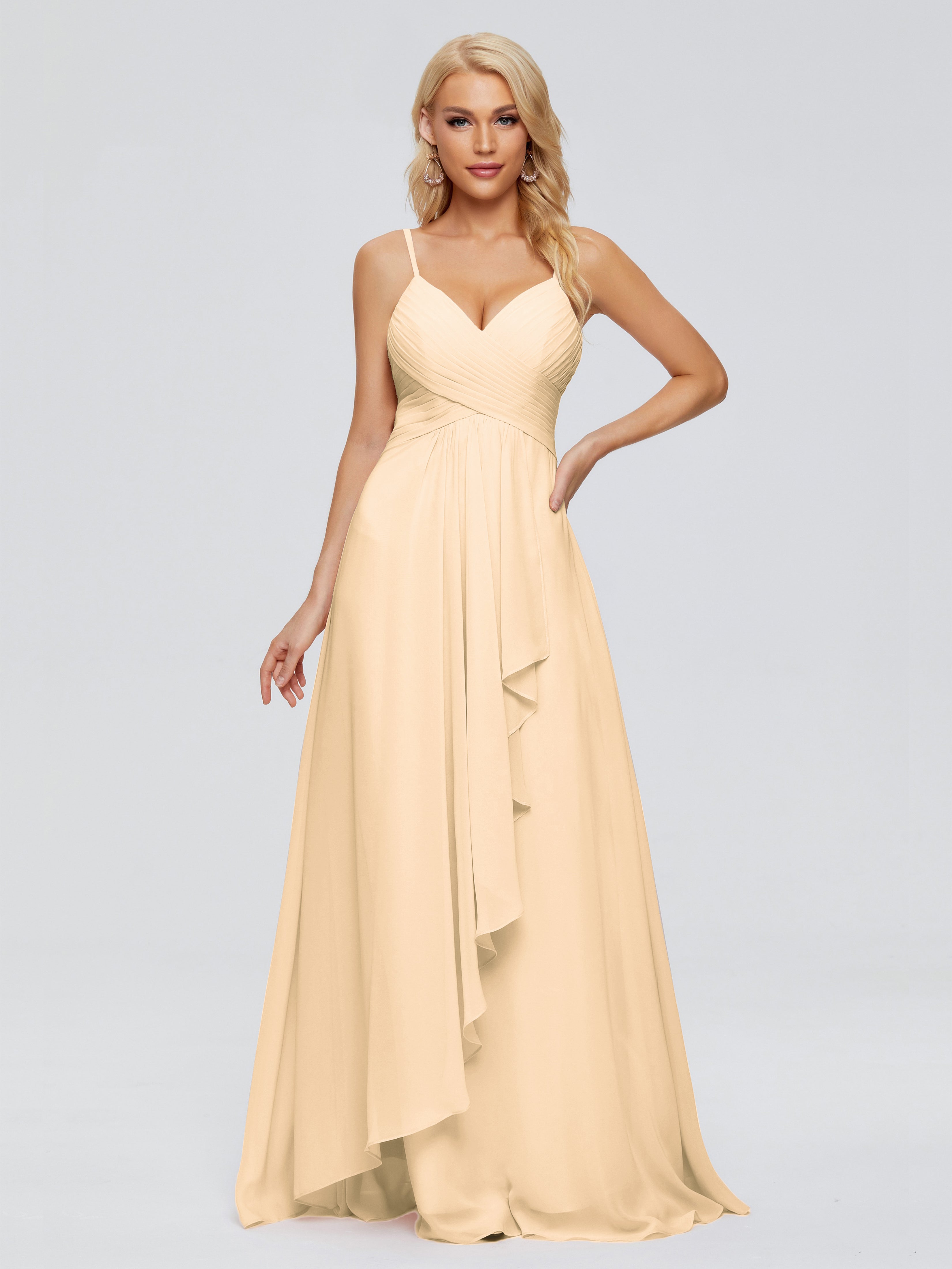 Robes De Demoiselle D'Honneur Rose Pêche Trapèze Bretelles Spaghetti Mousseline Robes Demoiselle D'Honneur