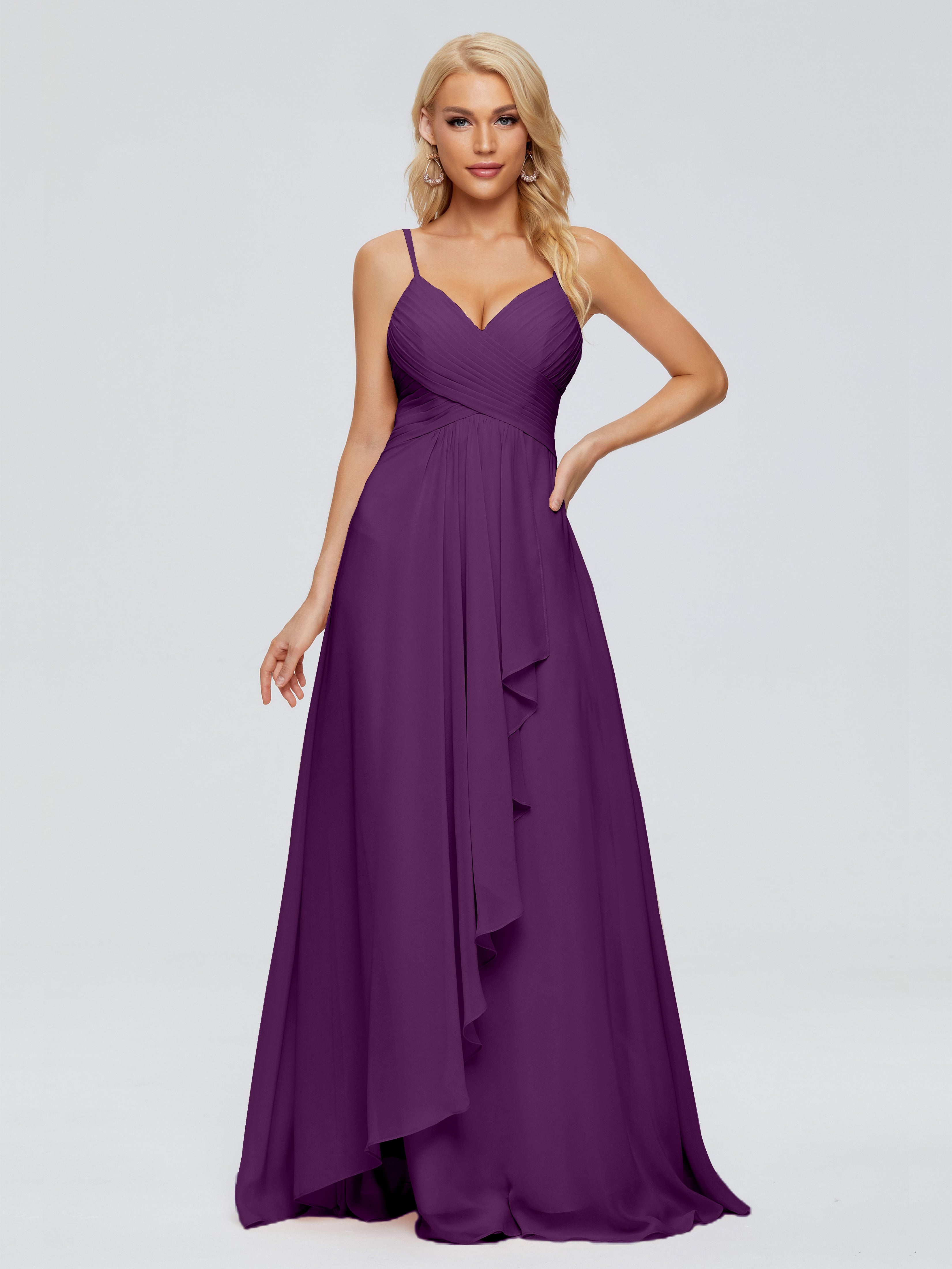 Robes De Demoiselle D'Honneur En Raisin Trapèze Bretelles Spaghetti Mousseline Robes Demoiselle D'Honneur