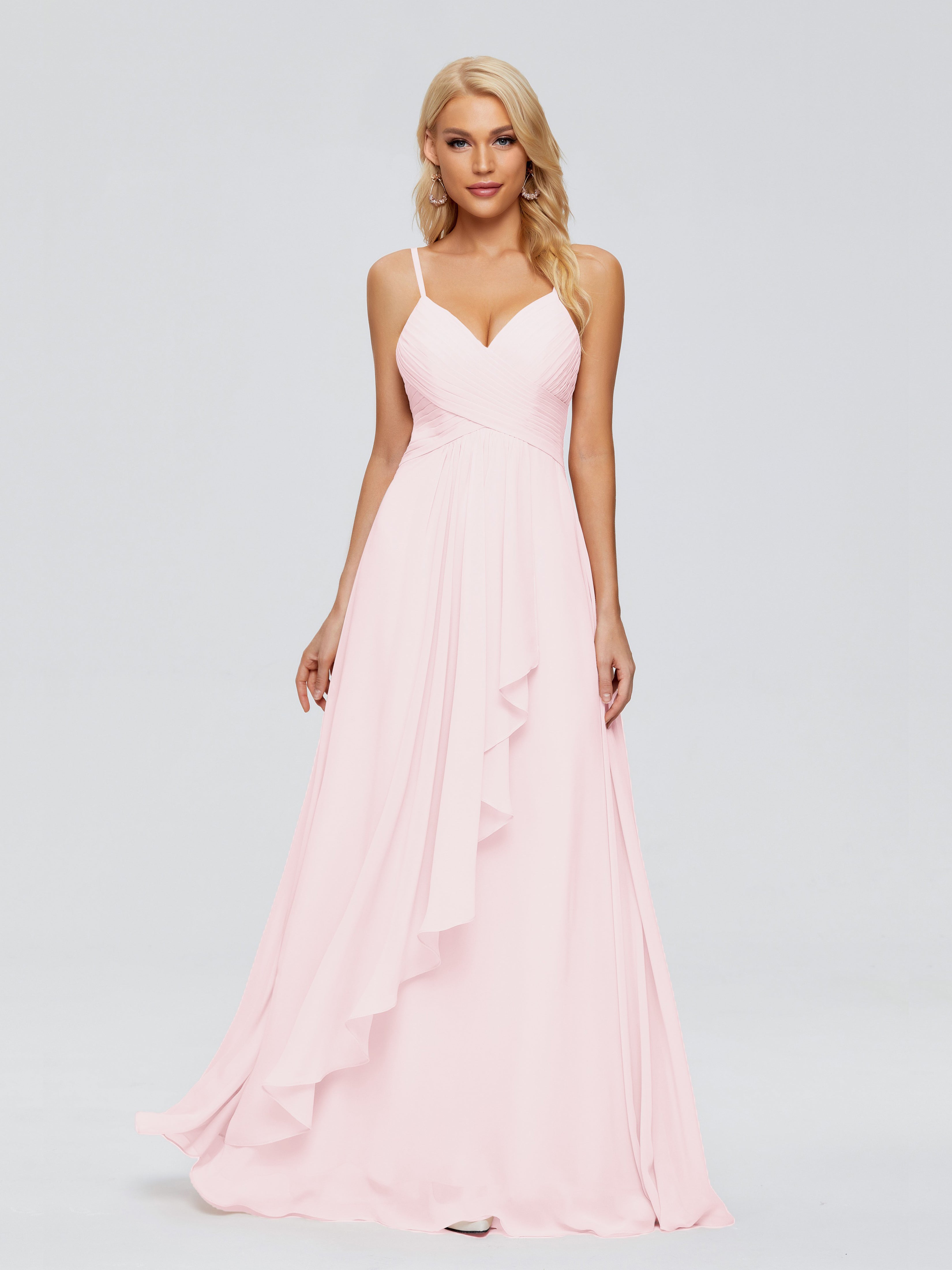 Robe Rose Pale Demoiselle D Honneur Trapèze Bretelles Spaghetti Mousseline Robes Demoiselle D'Honneur