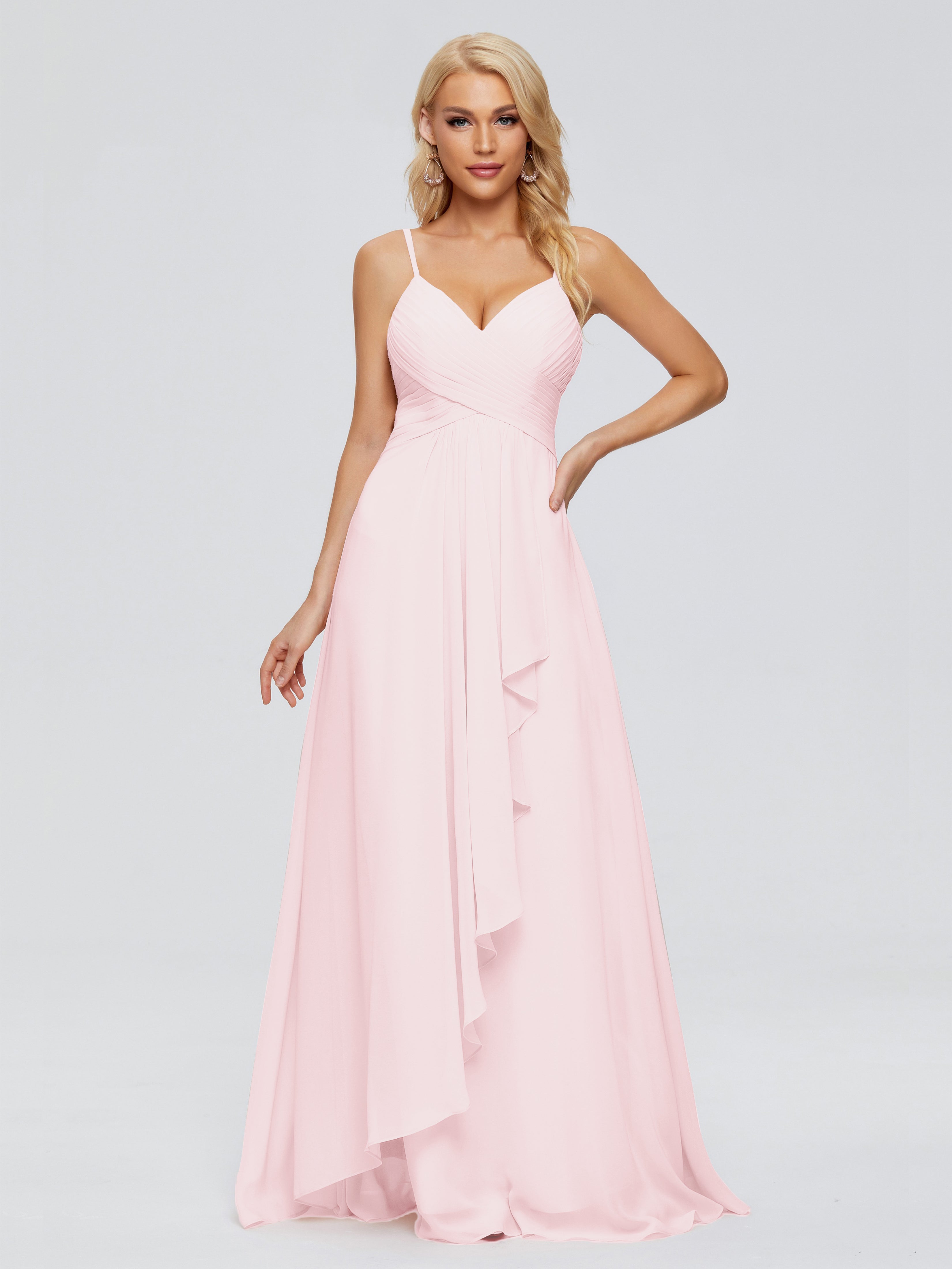 Robe Rose Pale Demoiselle D Honneur Trapèze Bretelles Spaghetti Mousseline Robes Demoiselle D'Honneur