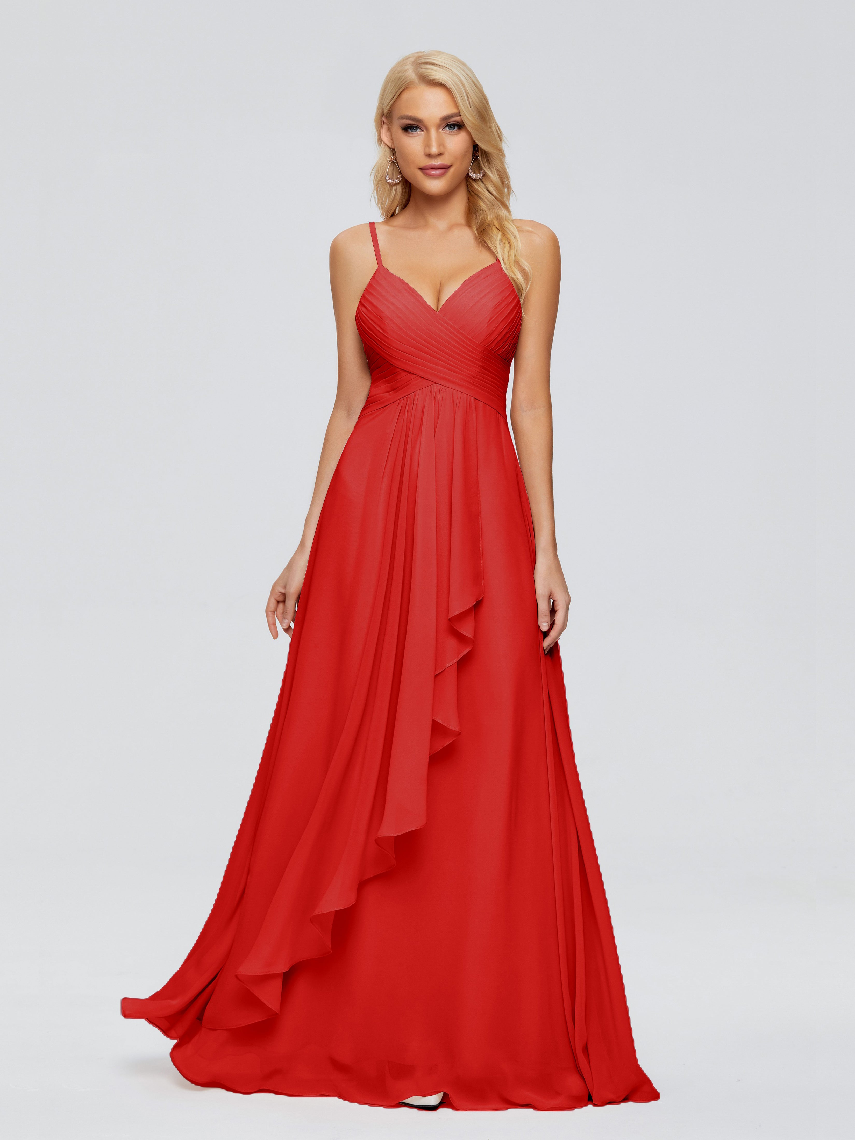 Robe De Demoiselle D Honneur Rouge Trapèze Bretelles Spaghetti Mousseline Robes Demoiselle D'Honneur