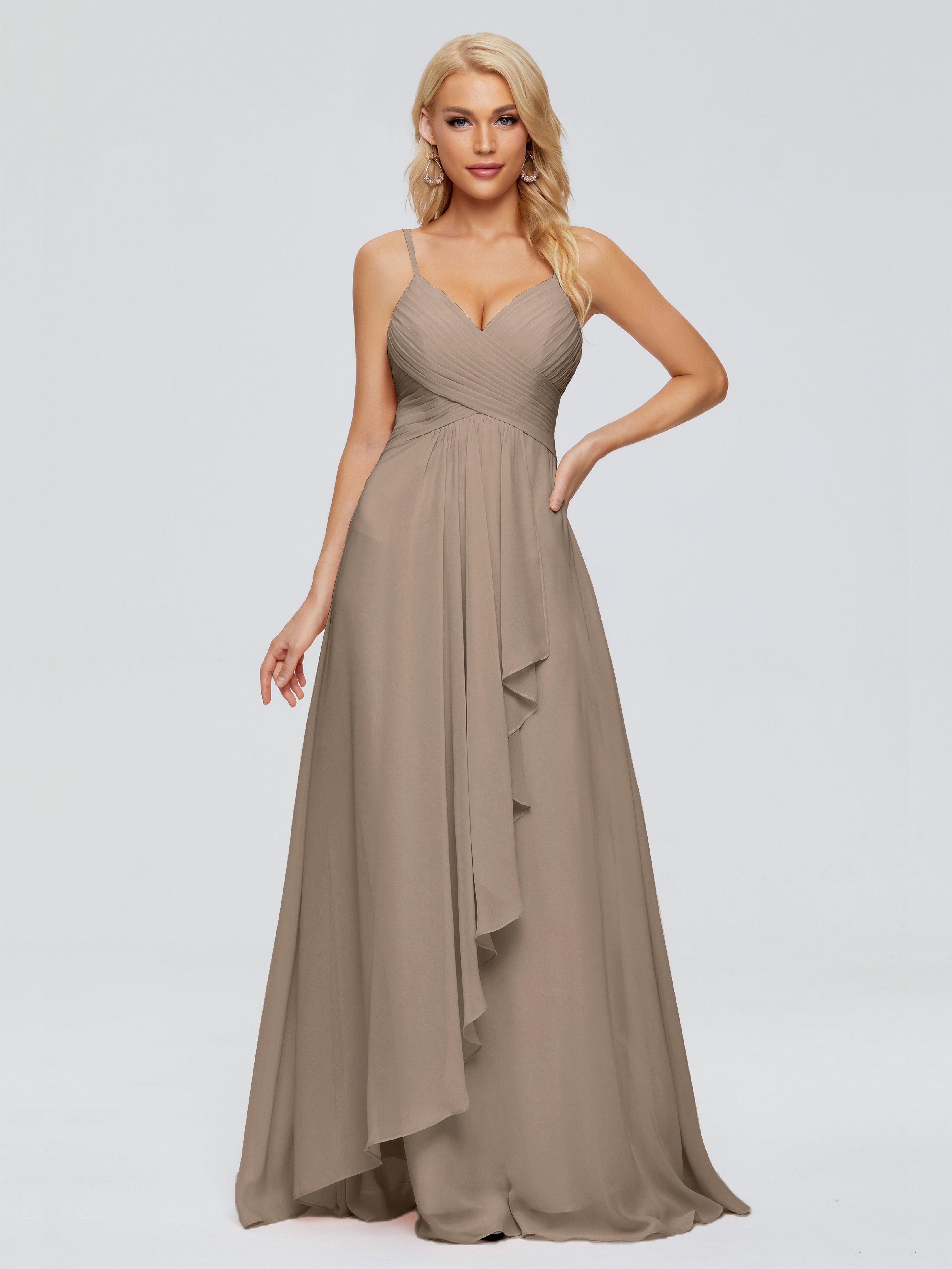 Robe De Couleur Taupe Trapèze Bretelles Spaghetti Mousseline Robes Demoiselle D'Honneur