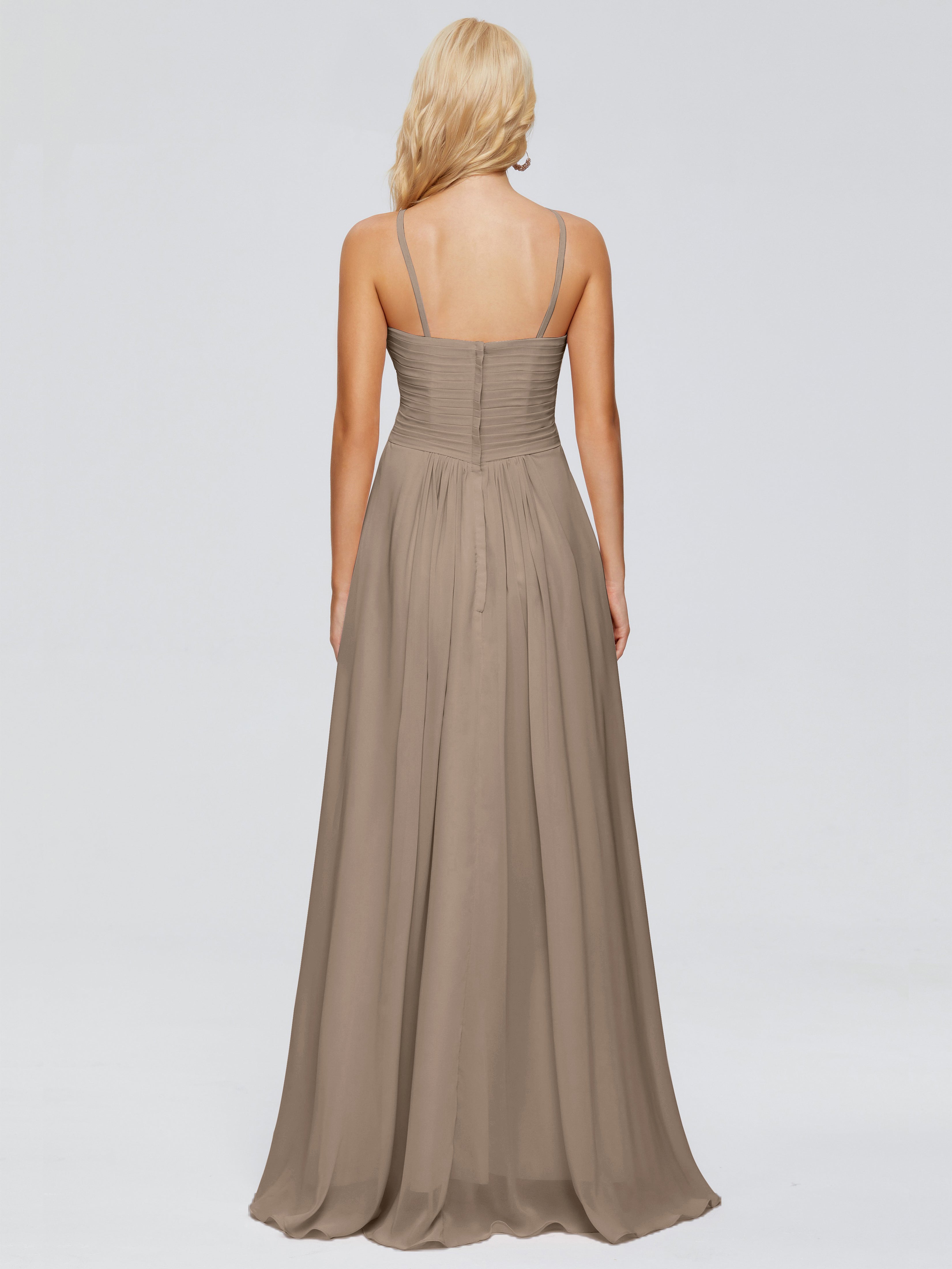 Robe De Couleur Taupe Trapèze Bretelles Spaghetti Mousseline Robes Demoiselle D'Honneur