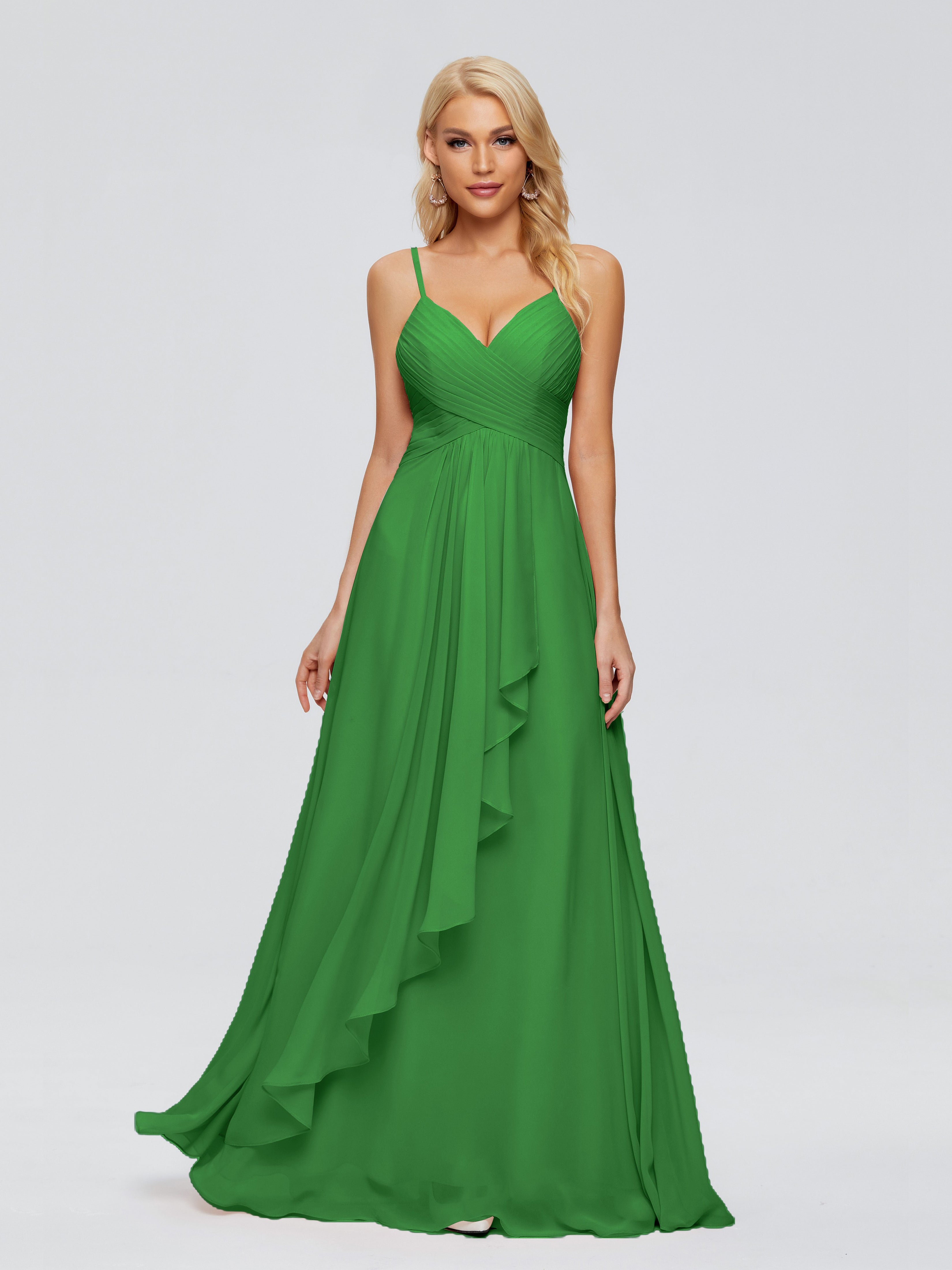 Robe Demoiselle D Honneur Vert Trapèze Bretelles Spaghetti Mousseline Robes Demoiselle D'Honneur