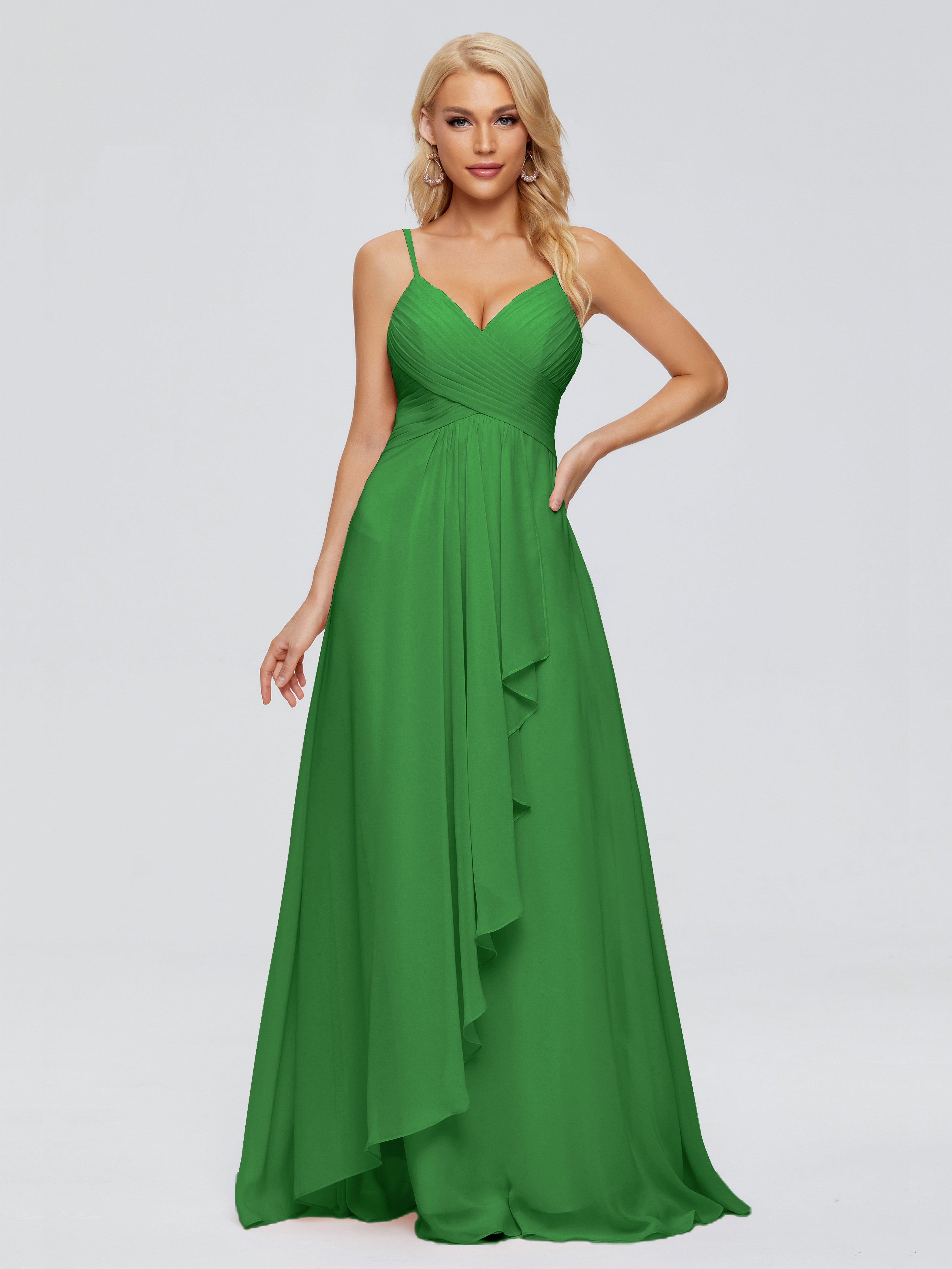 Robe Demoiselle D Honneur Vert Trapèze Bretelles Spaghetti Mousseline Robes Demoiselle D'Honneur