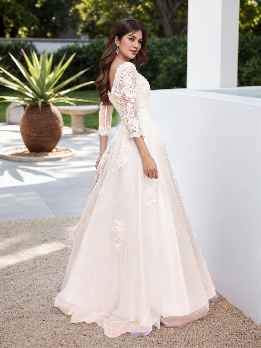 Cicinia Robe de Mariée Longue A-Line en Dentelle et Tulle Manches Trois-Quarts Décolleté en Cuillère Ravissante