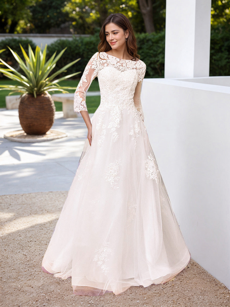 Cicinia Robe de Mariée Longue A-Line en Dentelle et Tulle Manches Trois-Quarts Décolleté en Cuillère Ravissante