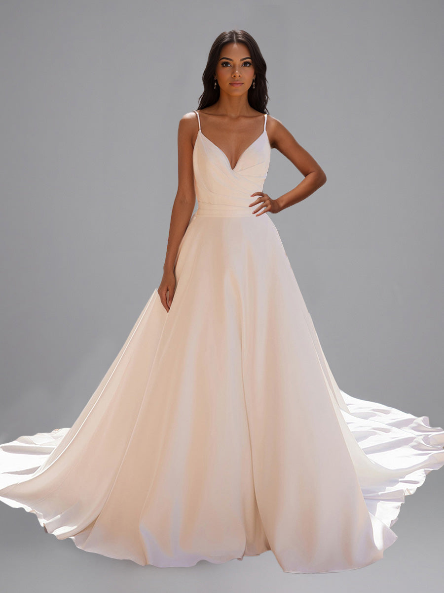 Cicinia Robe de Mariée Longue A-Line à Bretelles Spaghetti à Plis Décolleté en V