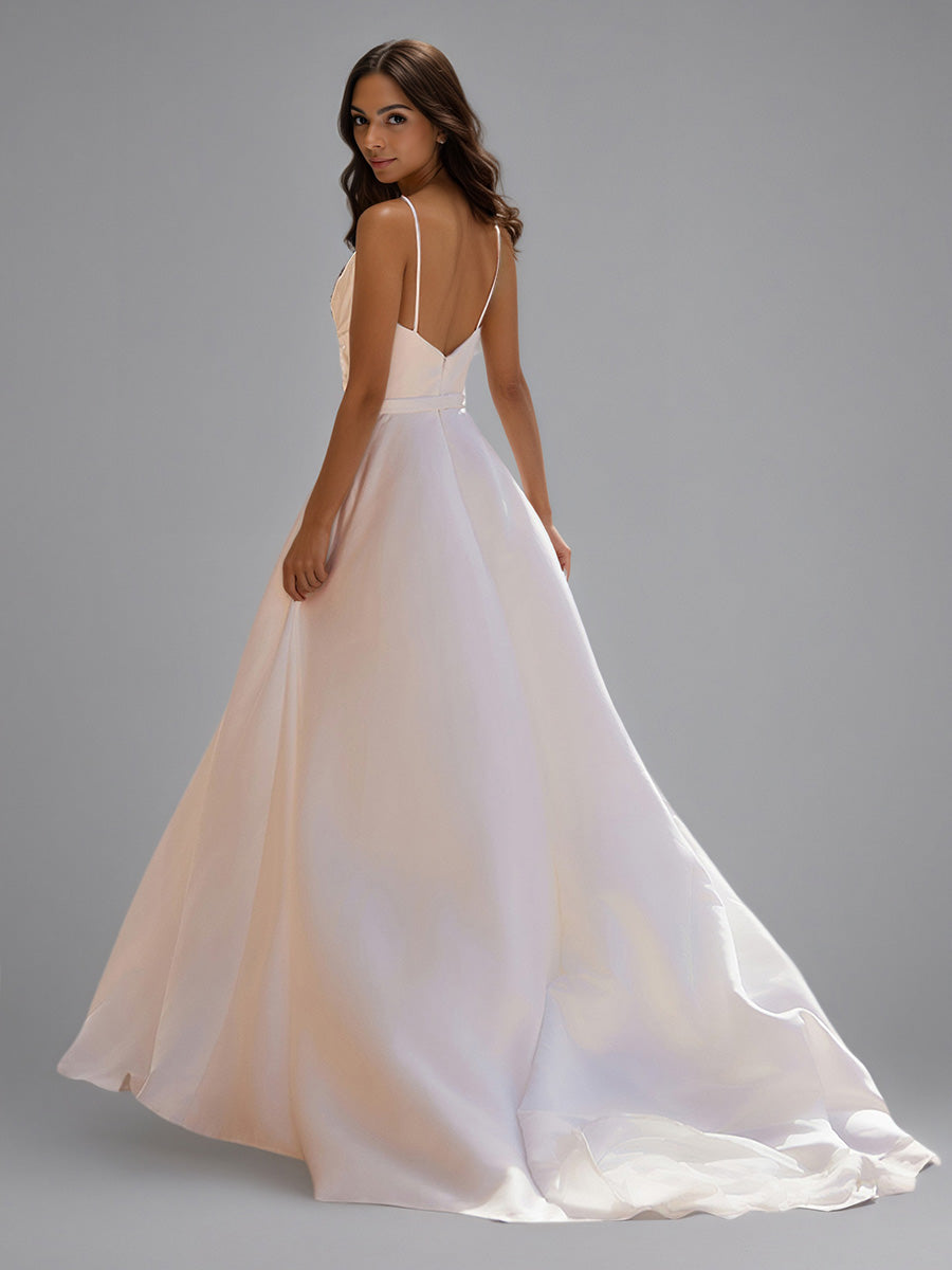Cicinia Robe de Mariée Longue A-Line à Bretelles Spaghetti à Plis Décolleté en V