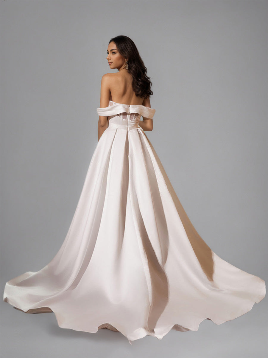 Cicinia Nouvelle Arrivée Robe de Mariée Ivoire A-Line en Satin à Plis Épaules Dénudées