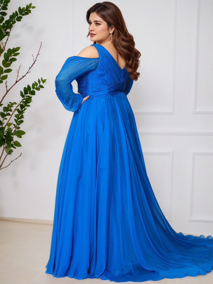 Cicinia Bleu Royal Robe de Bal Longue avec Décolleté en V et Fente Ligne A Grande Taille