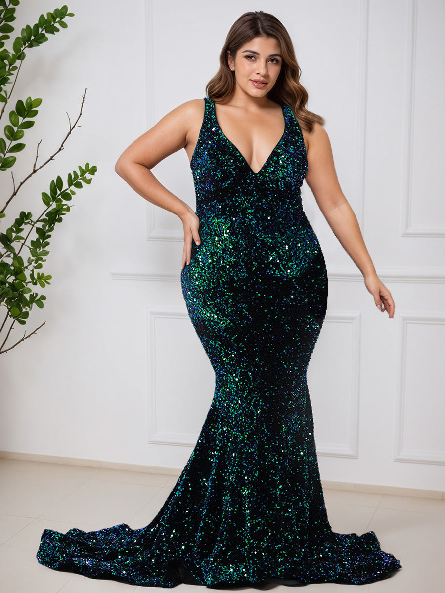 Cicinia VERT_FONCE Robe de Bal Sirène Longue Magnifique en Paillettes Brillantes à Décolleté en V Grande Taille