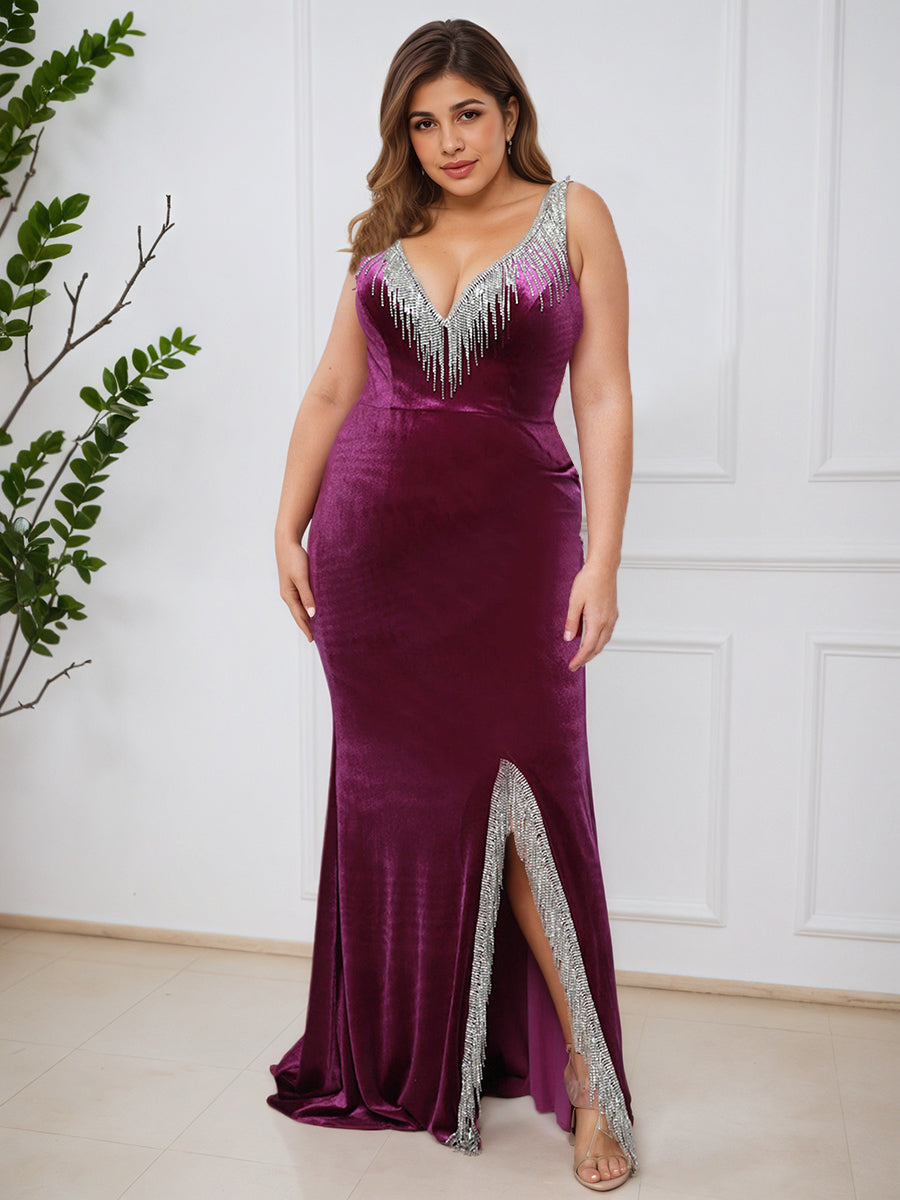 Cicinia RAISIN Robe de Bal Longue Élégante en Velours Fourreau à Traîne Grande Taille