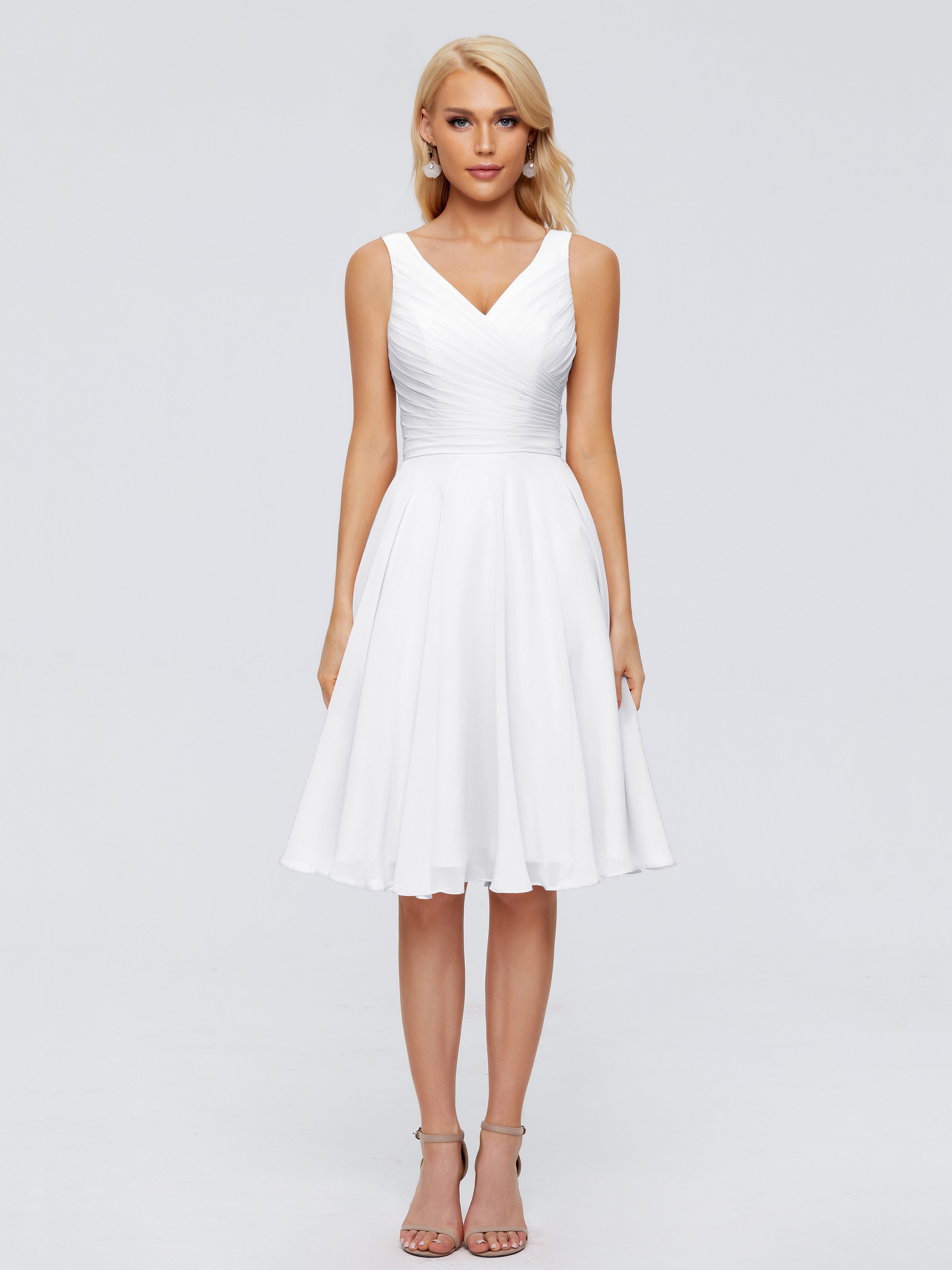 Robe Blanche De Demoiselle D Honneur Col V Longueur Genou Mousseline Robes Demoiselle D'Honneur