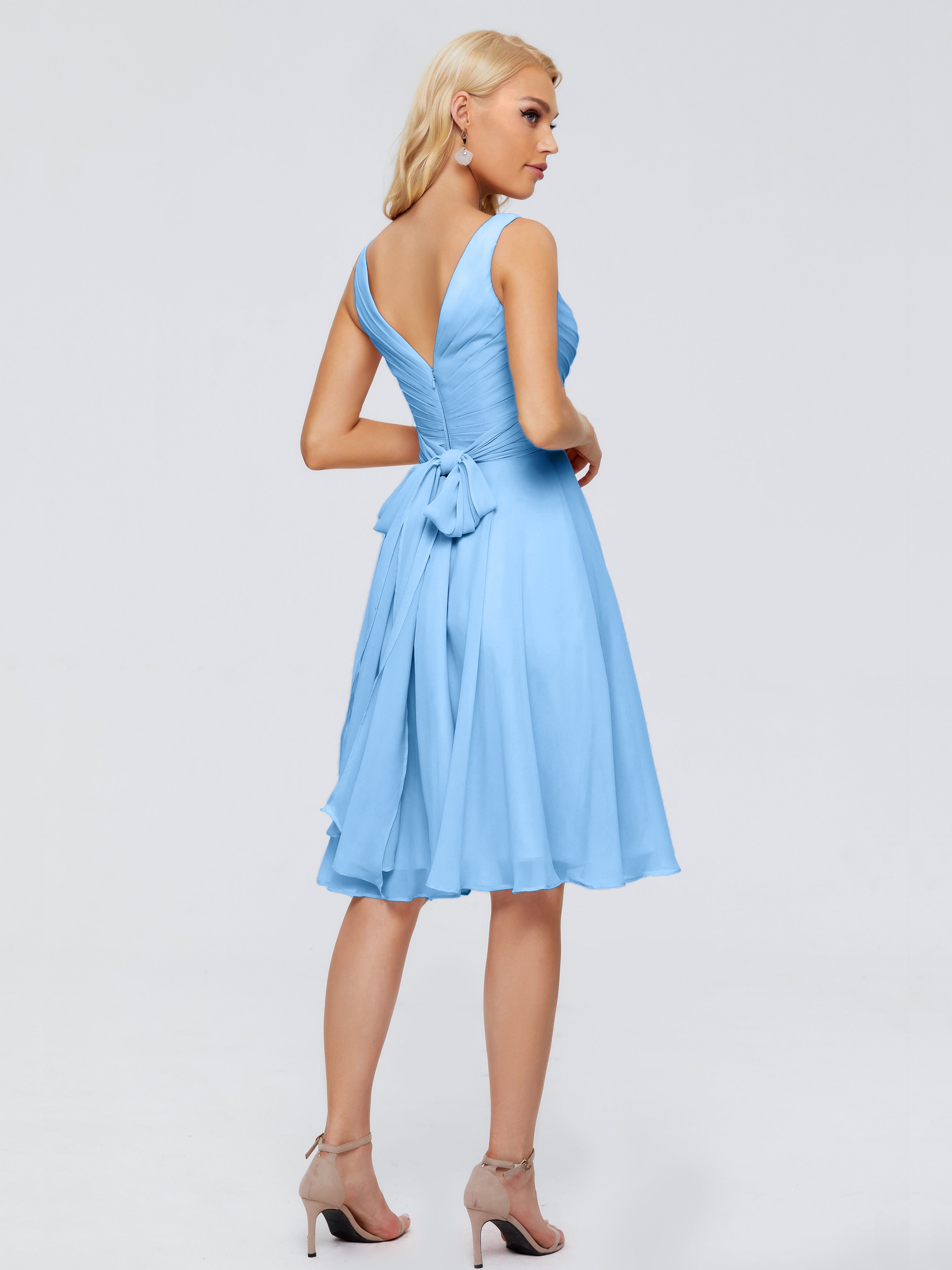 Robe Demoiselle Dhonneur Bleu Col V Longueur Genou Mousseline Robes Demoiselle D'Honneur