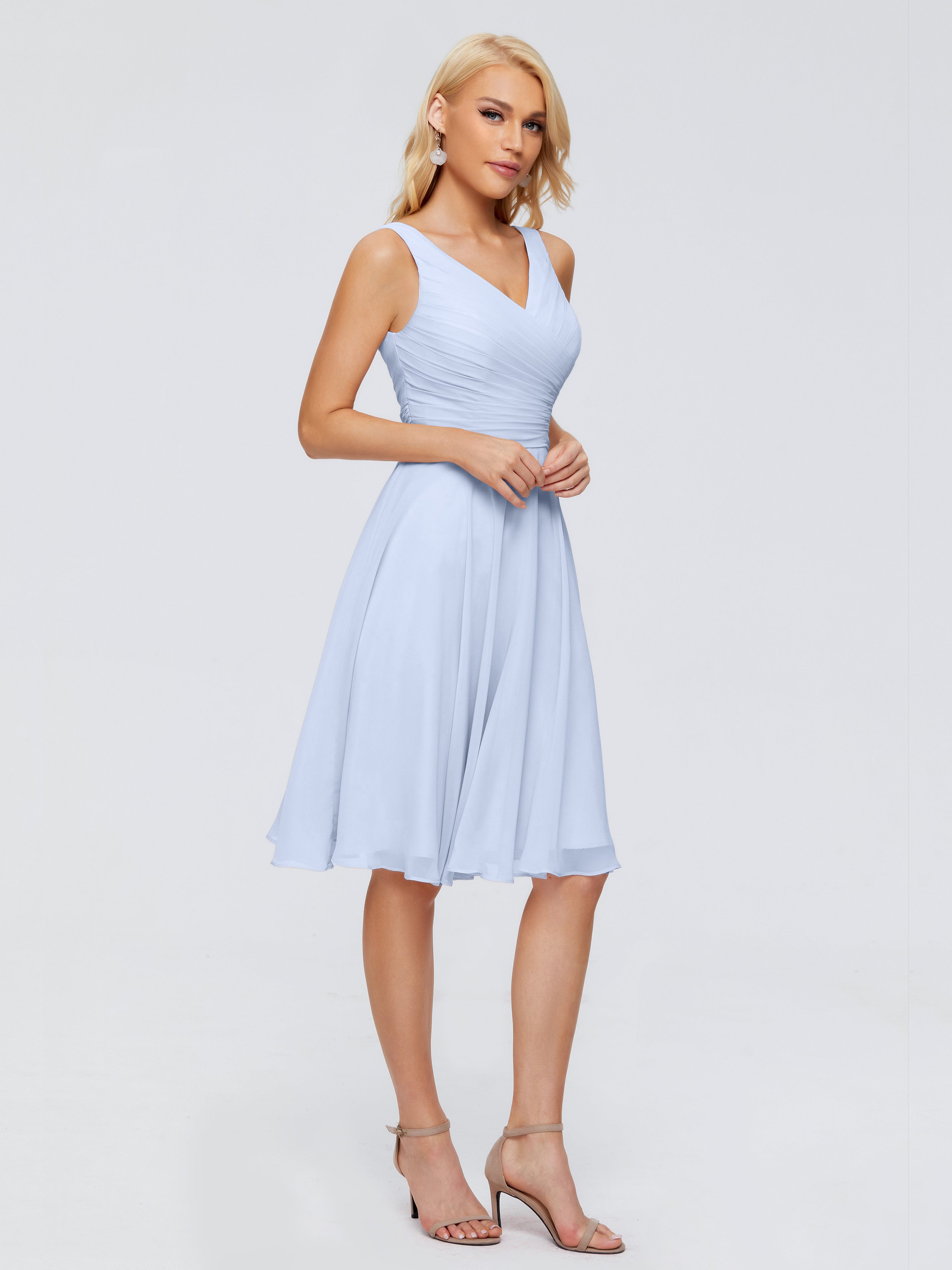 Robe De Demoiselle D Honneur Bleu Ciel Col V Longueur Genou Mousseline Robes Demoiselle D'Honneur
