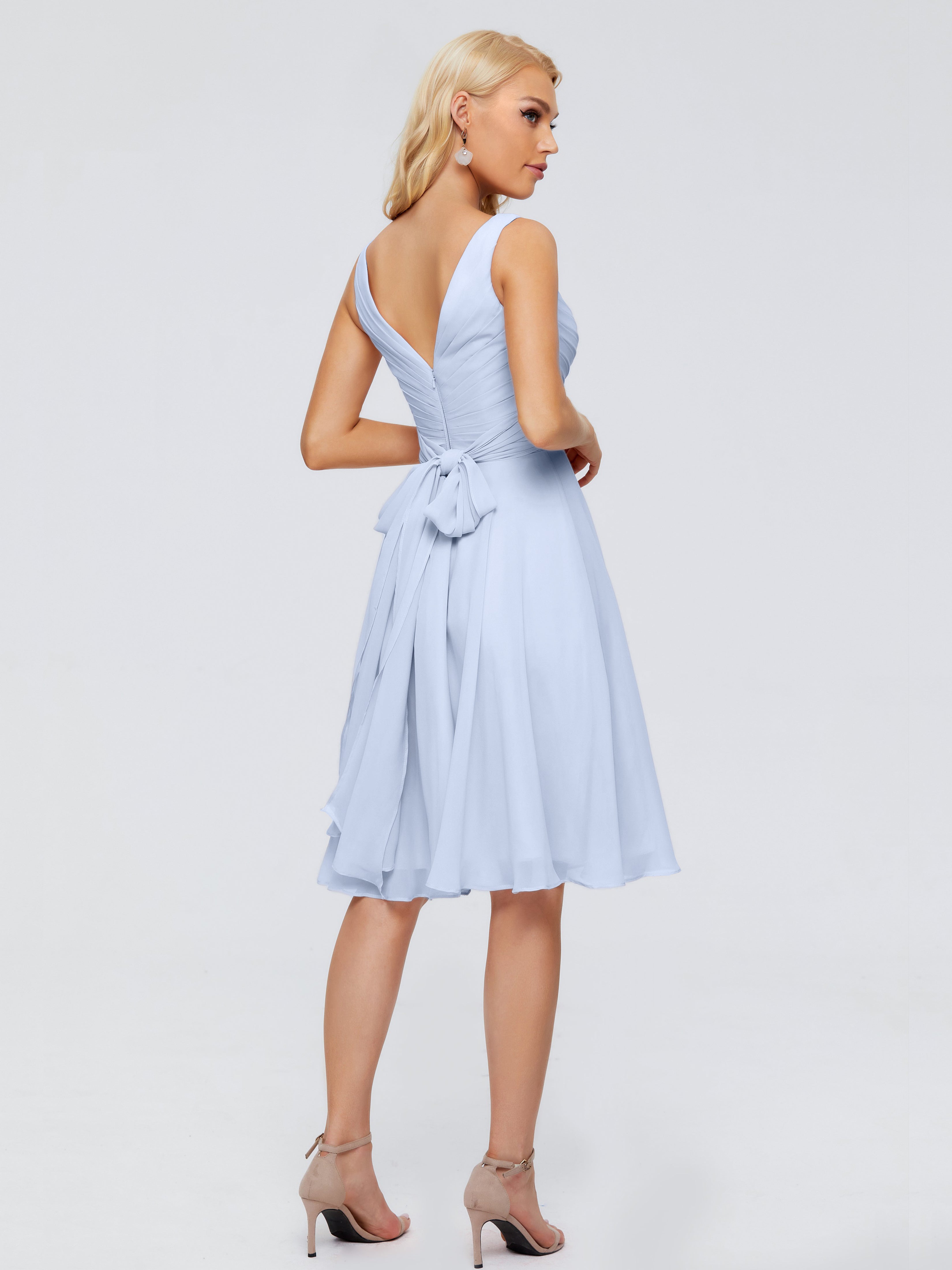 Robe De Demoiselle D Honneur Bleu Ciel Col V Longueur Genou Mousseline Robes Demoiselle D'Honneur