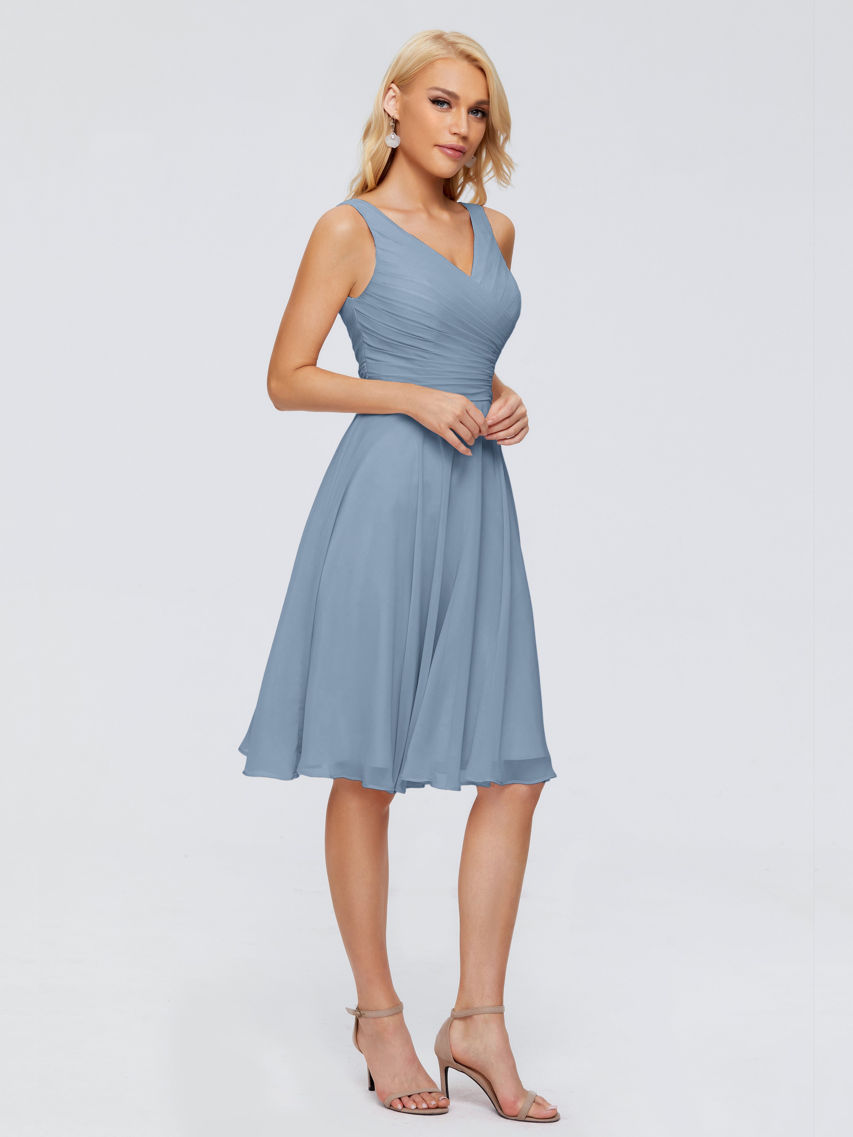Robes De Demoiselle D'Honneur Bleu De Schiste Col V Longueur Genou Mousseline Robes Demoiselle D'Honneur
