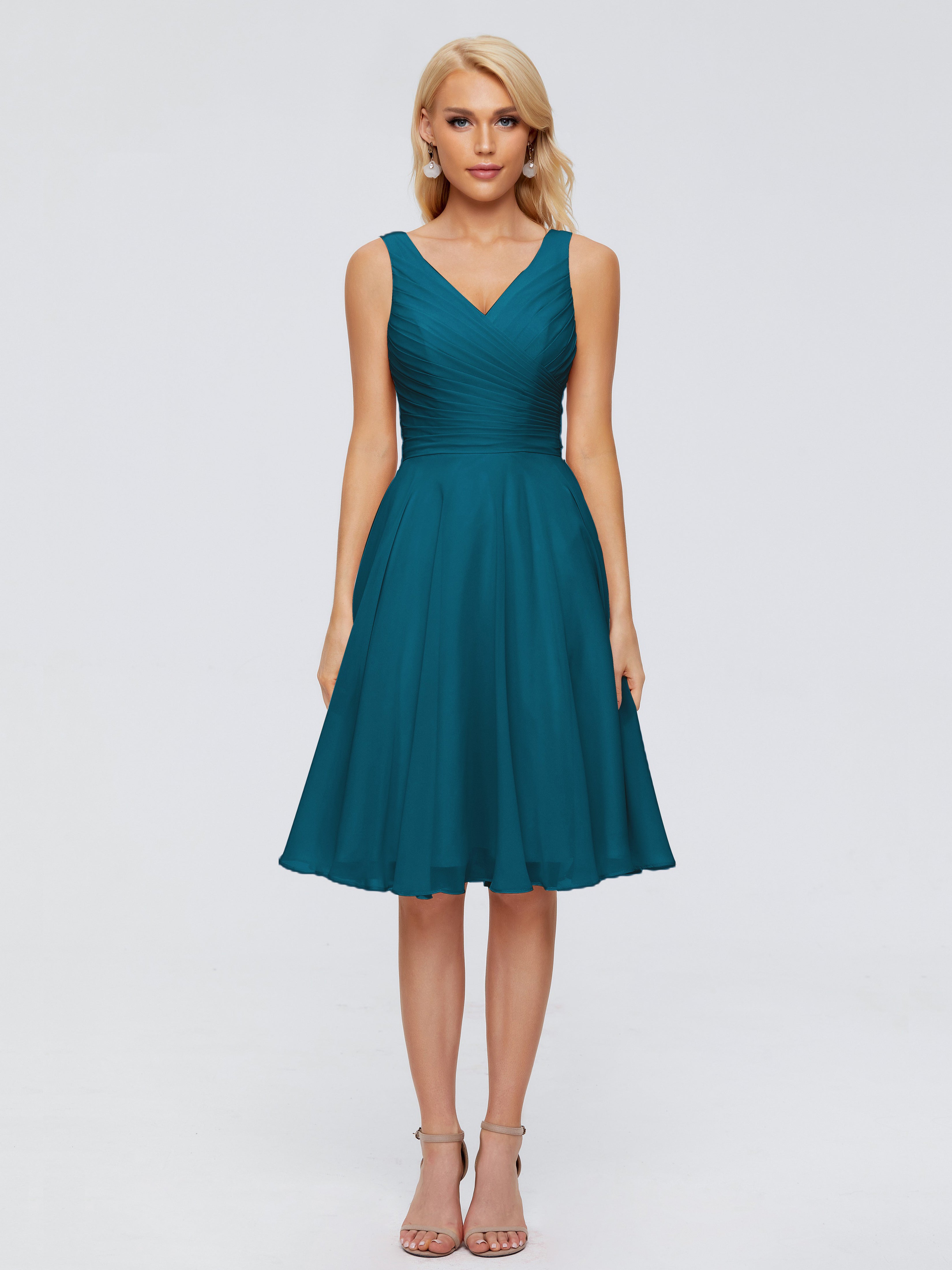 Robe De Demoiselle D'Honneur Bleu Encre Col V Longueur Genou Mousseline Robes Demoiselle D'Honneur