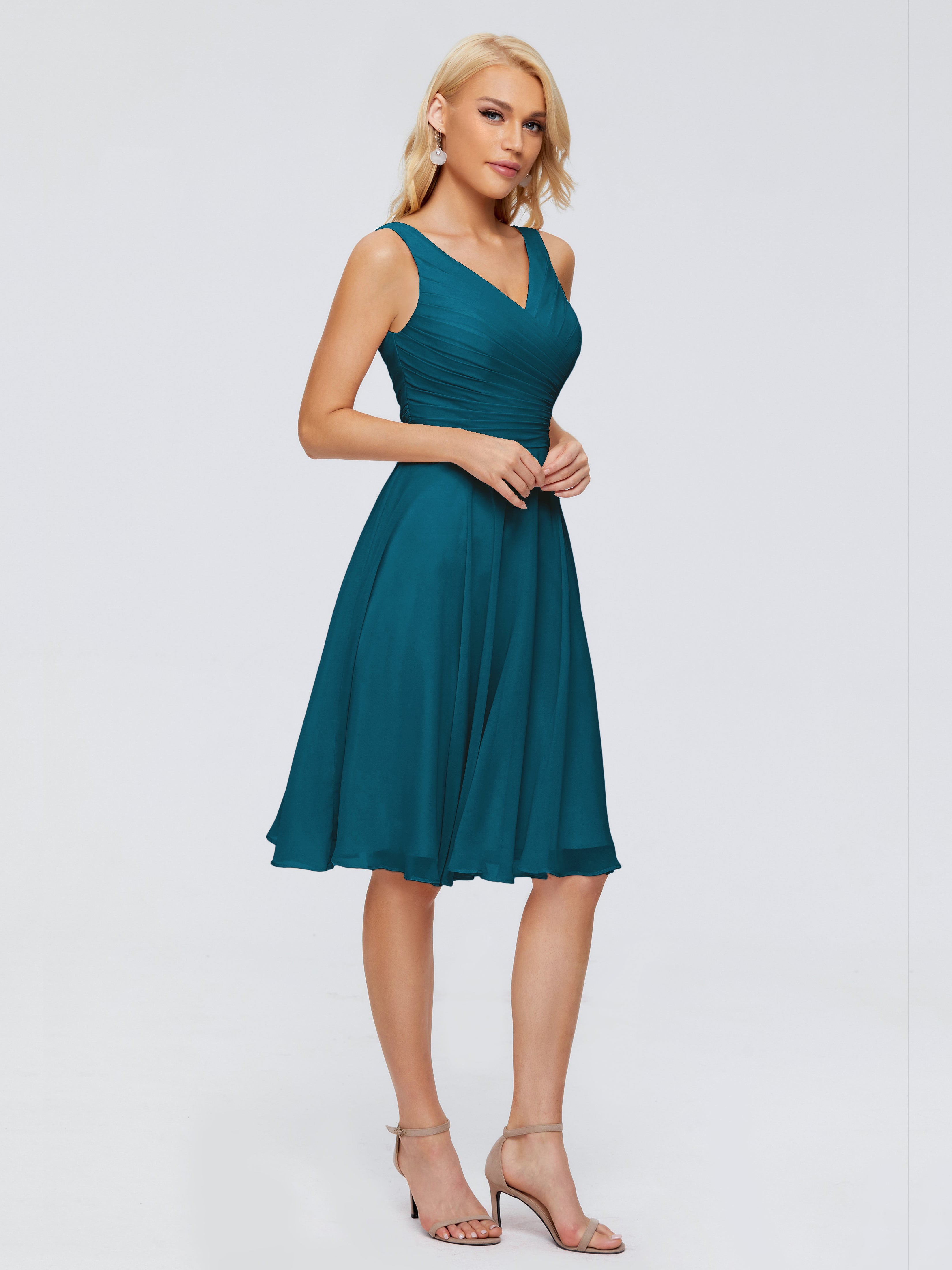 Robe De Demoiselle D'Honneur Bleu Encre Col V Longueur Genou Mousseline Robes Demoiselle D'Honneur