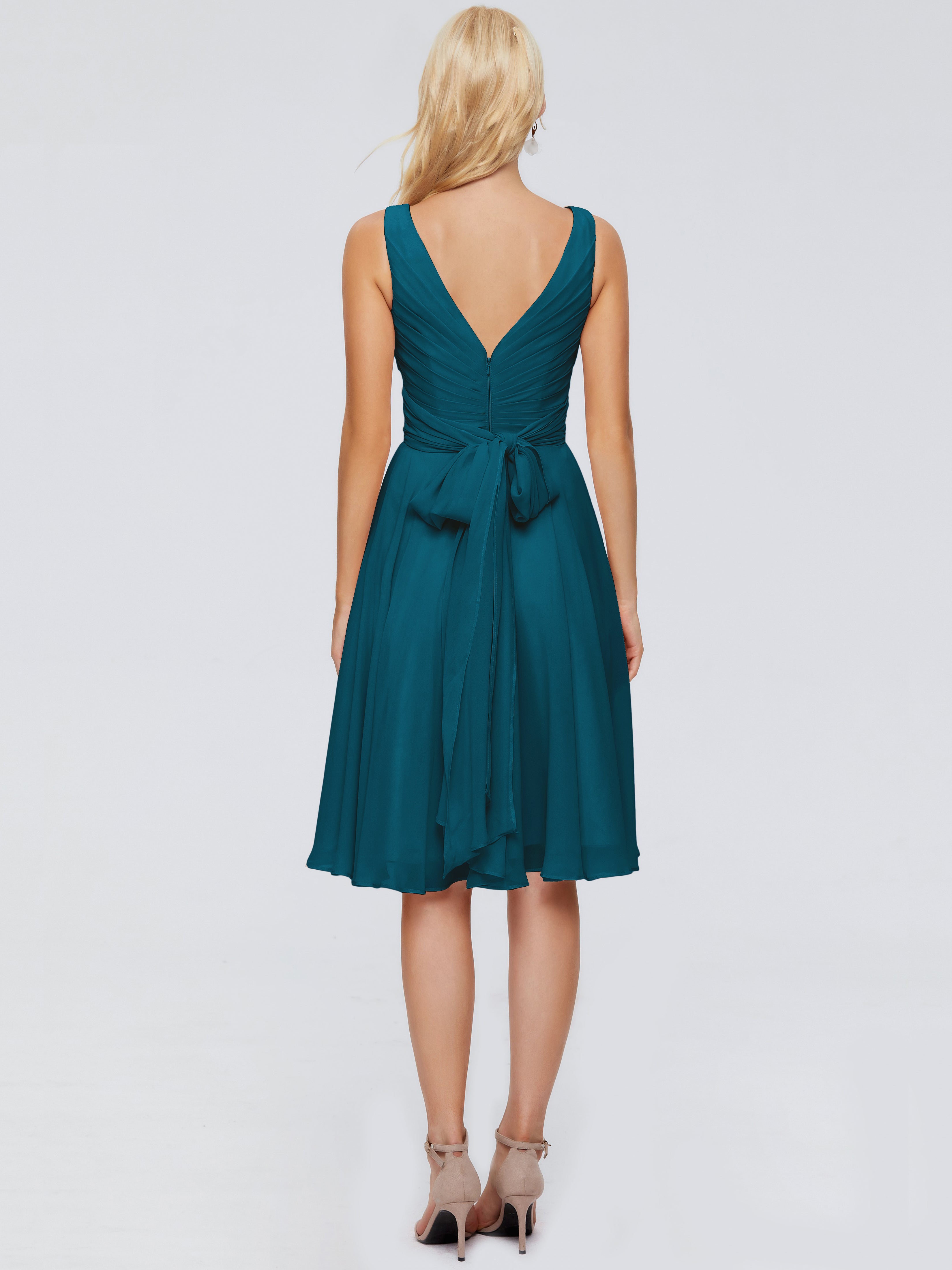 Robe De Demoiselle D'Honneur Bleu Encre Col V Longueur Genou Mousseline Robes Demoiselle D'Honneur