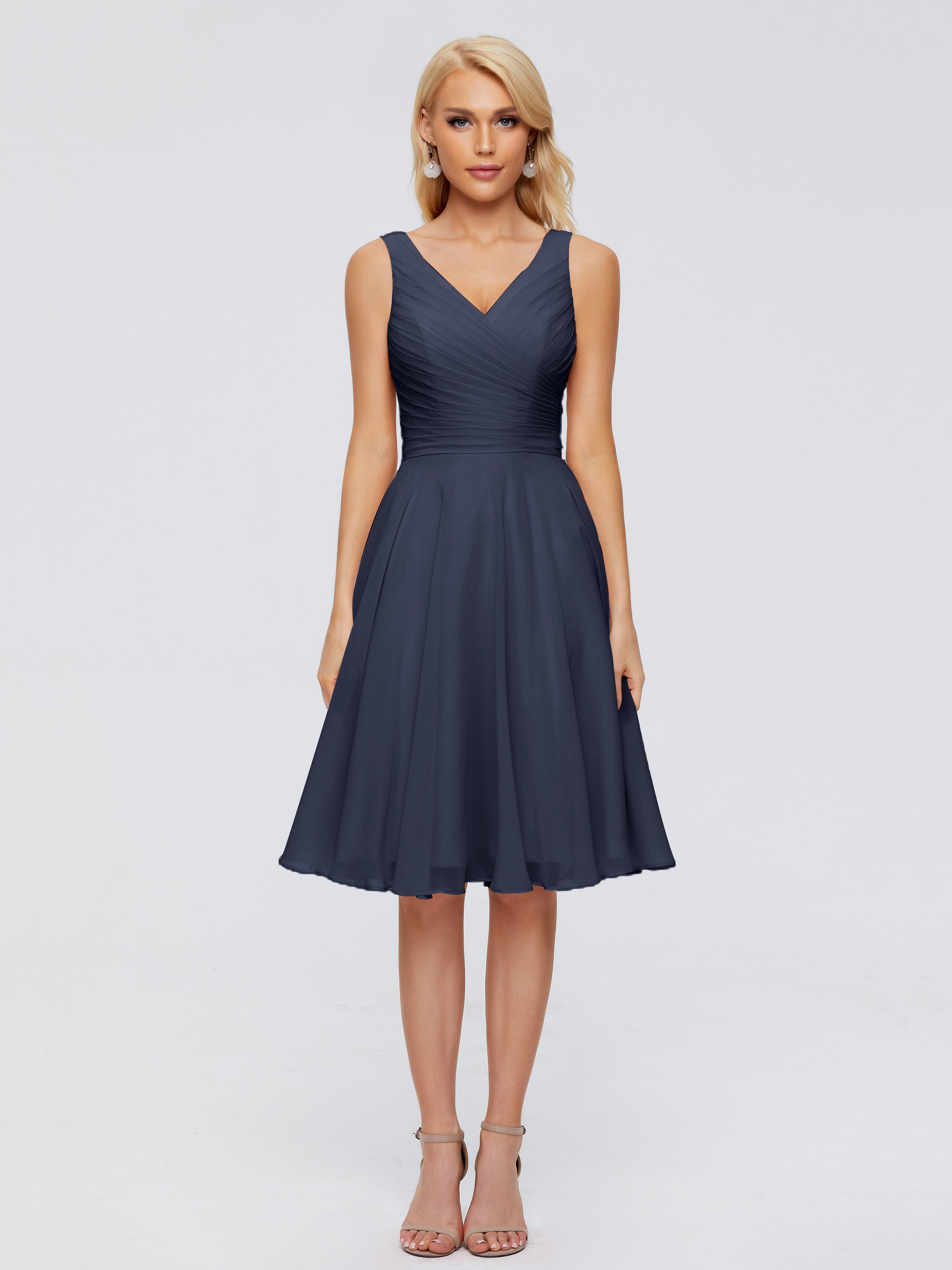 Demoiselle D'Honneur Bleu Marine Col V Longueur Genou Mousseline Robes Demoiselle D'Honneur