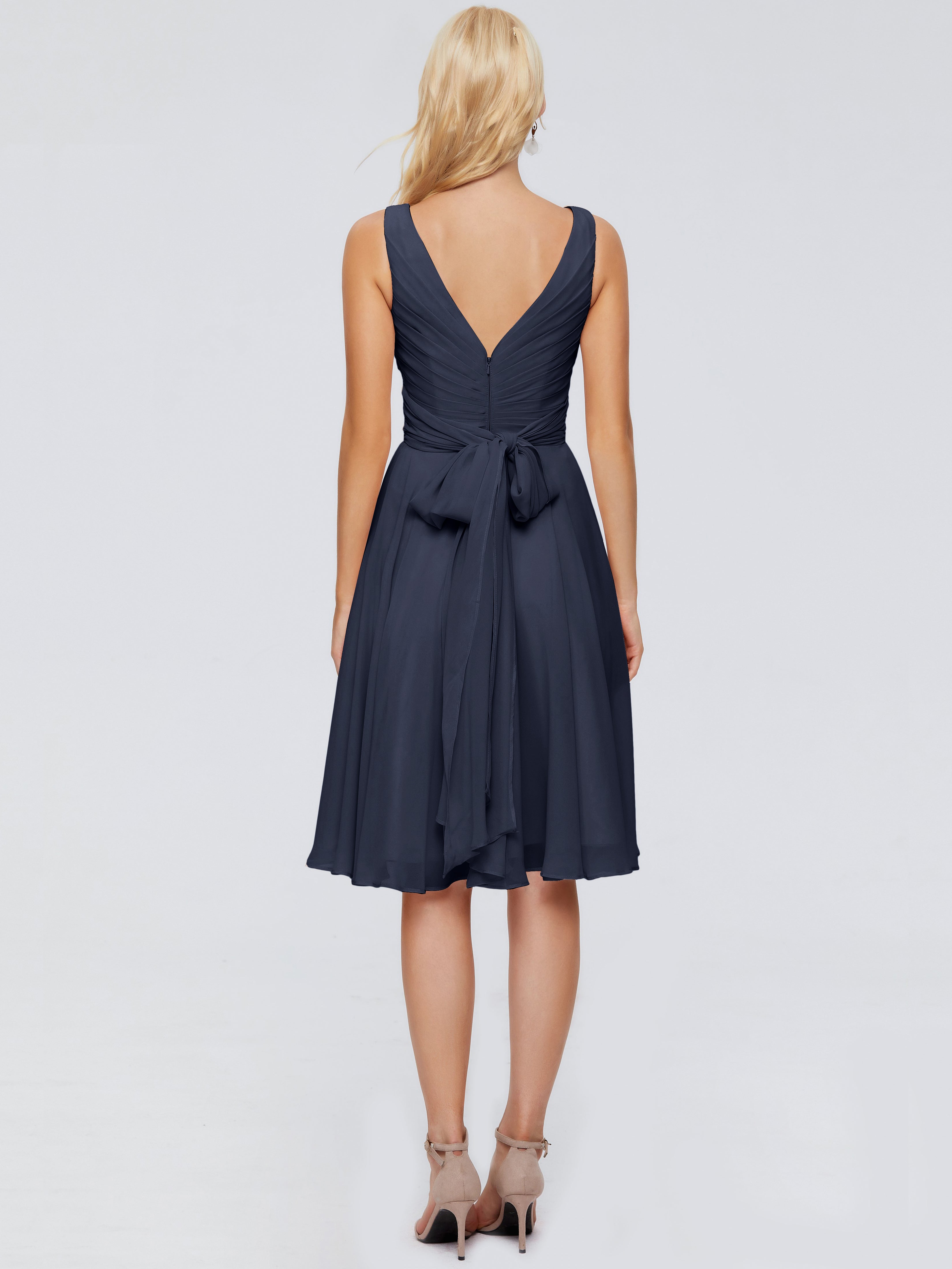 Demoiselle D'Honneur Bleu Marine Col V Longueur Genou Mousseline Robes Demoiselle D'Honneur