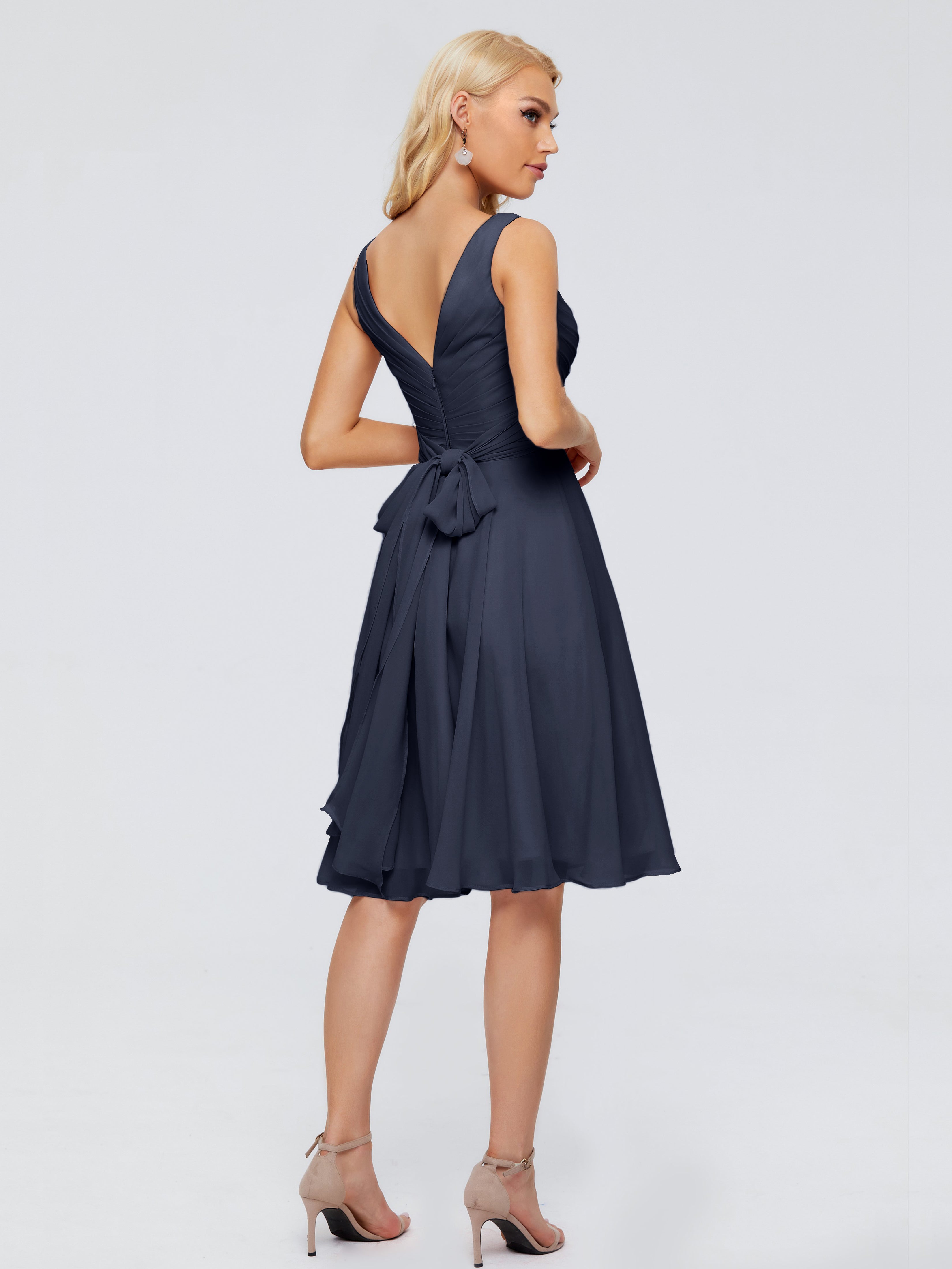 Demoiselle D'Honneur Bleu Marine Col V Longueur Genou Mousseline Robes Demoiselle D'Honneur