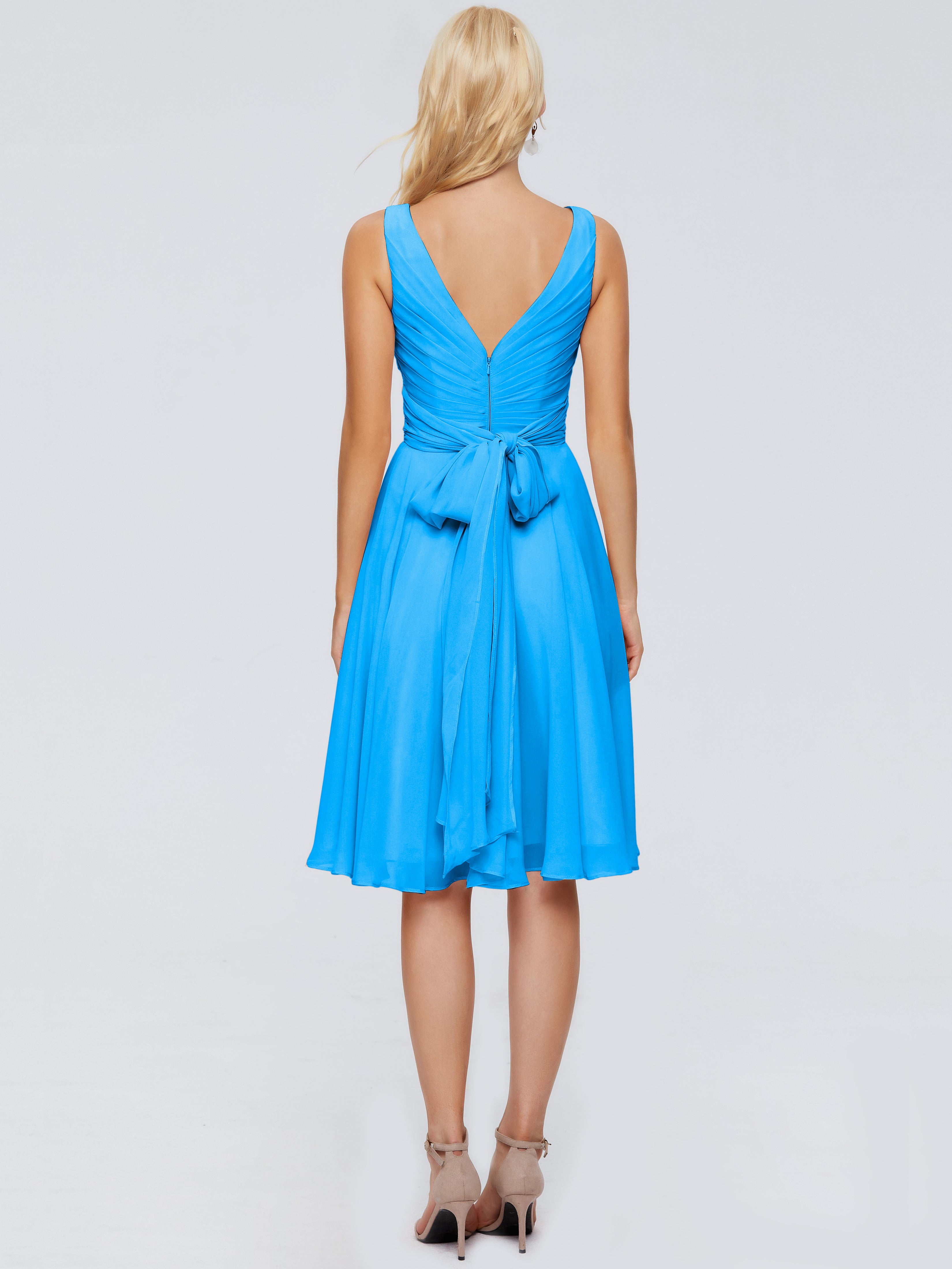Robes De Demoiselle D'Honneur Bleu Océan Col V Longueur Genou Mousseline Robes Demoiselle D'Honneur