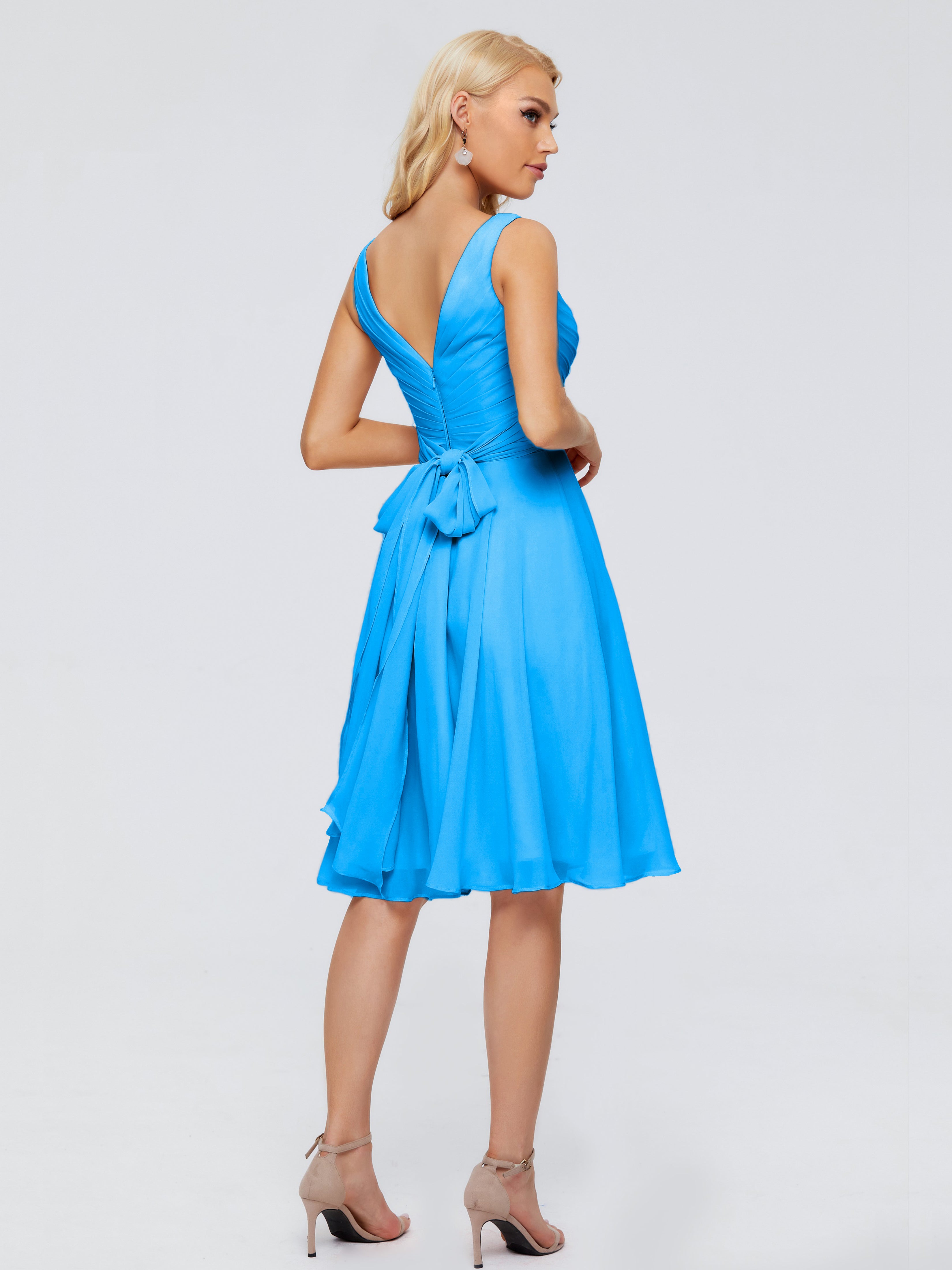 Robes De Demoiselle D'Honneur Bleu Océan Col V Longueur Genou Mousseline Robes Demoiselle D'Honneur