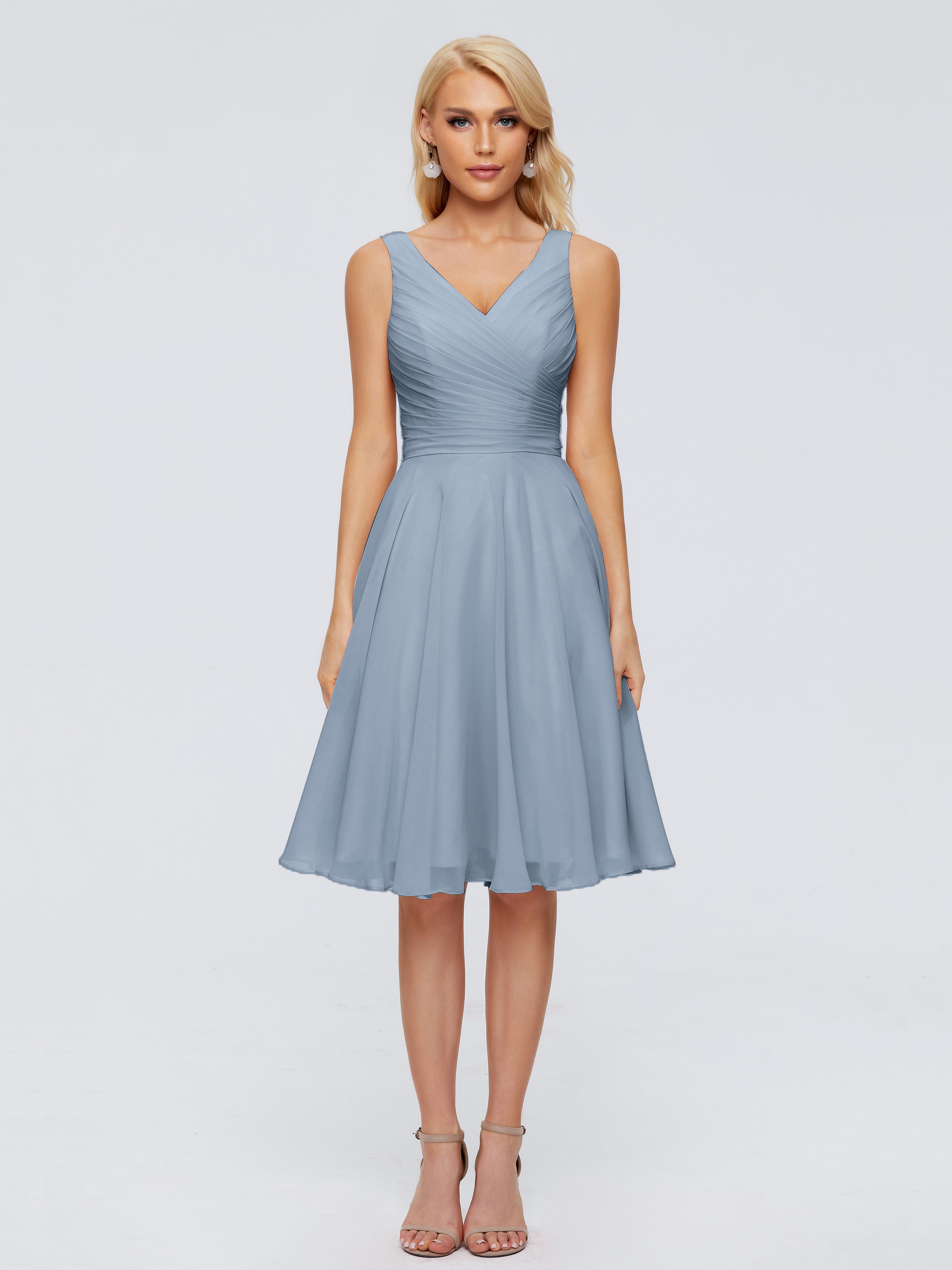 Robes De Demoiselle D'Honneur Bleu Poudre Col V Longueur Genou Mousseline Robes Demoiselle D'Honneur