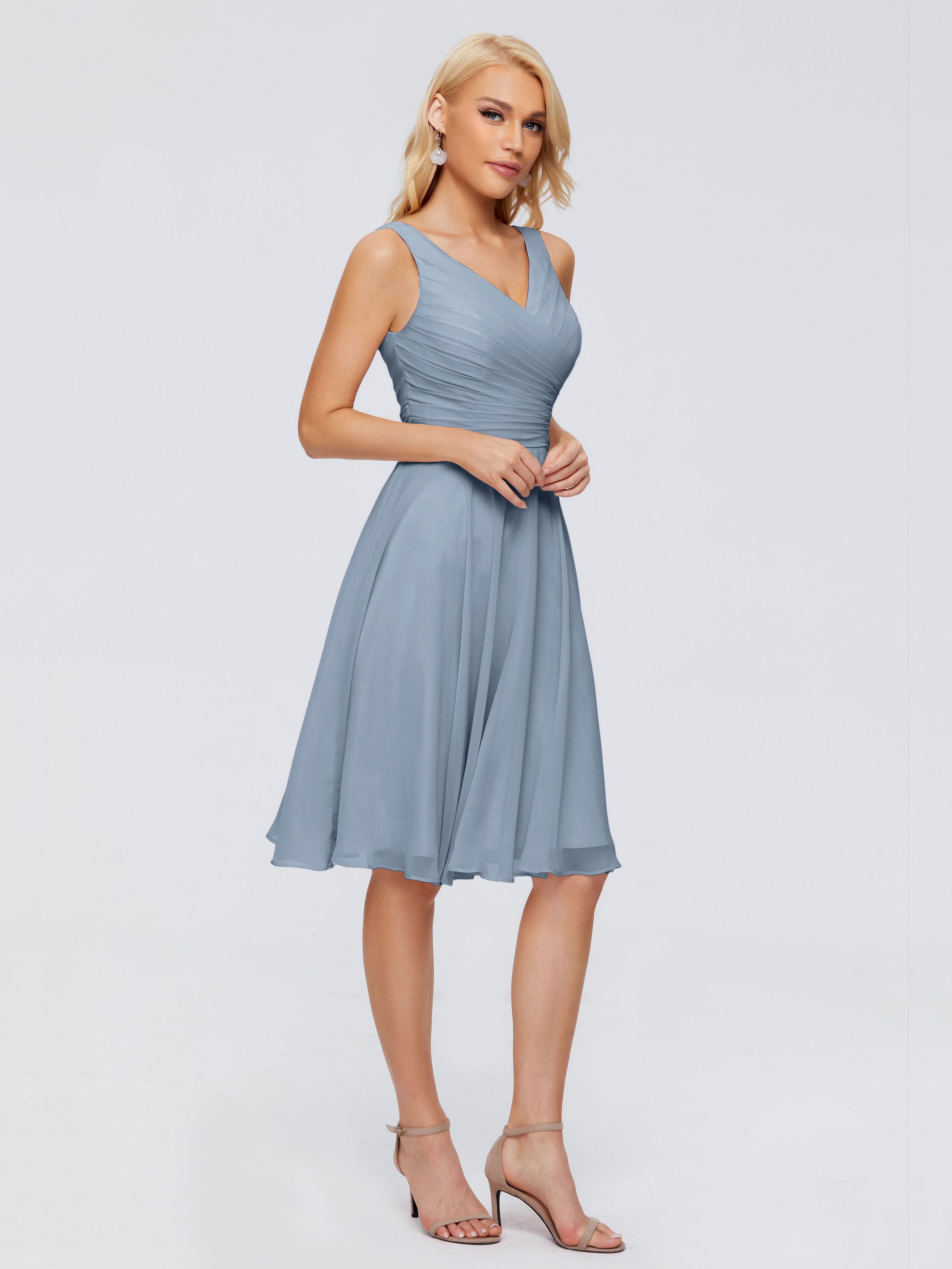 Robes De Demoiselle D'Honneur Bleu Poudre Col V Longueur Genou Mousseline Robes Demoiselle D'Honneur