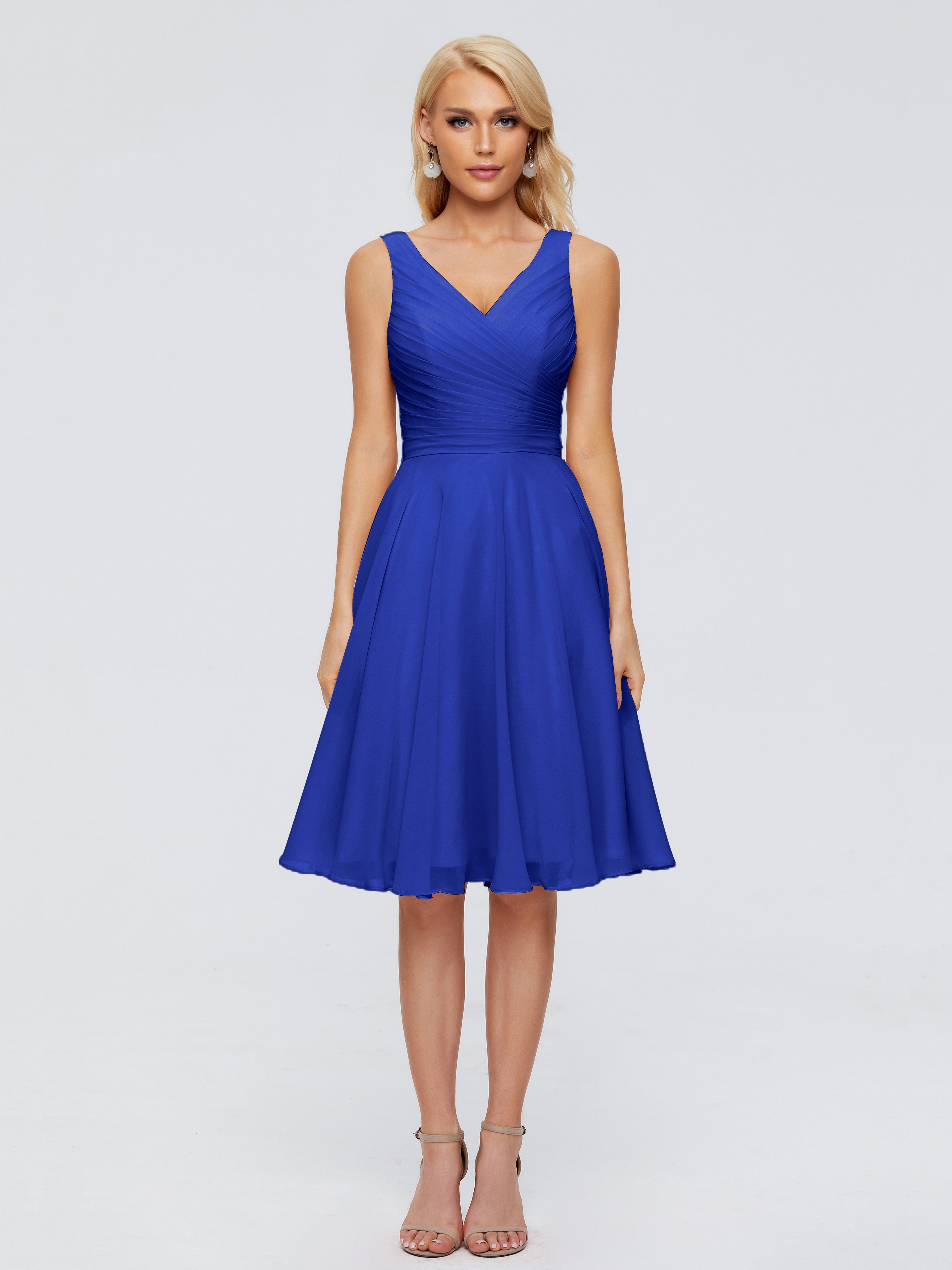 Court Robe Bleu Roi Demoiselle D Honneur Col V Longueur Genou Mousseline Robes Demoiselle D'Honneur
