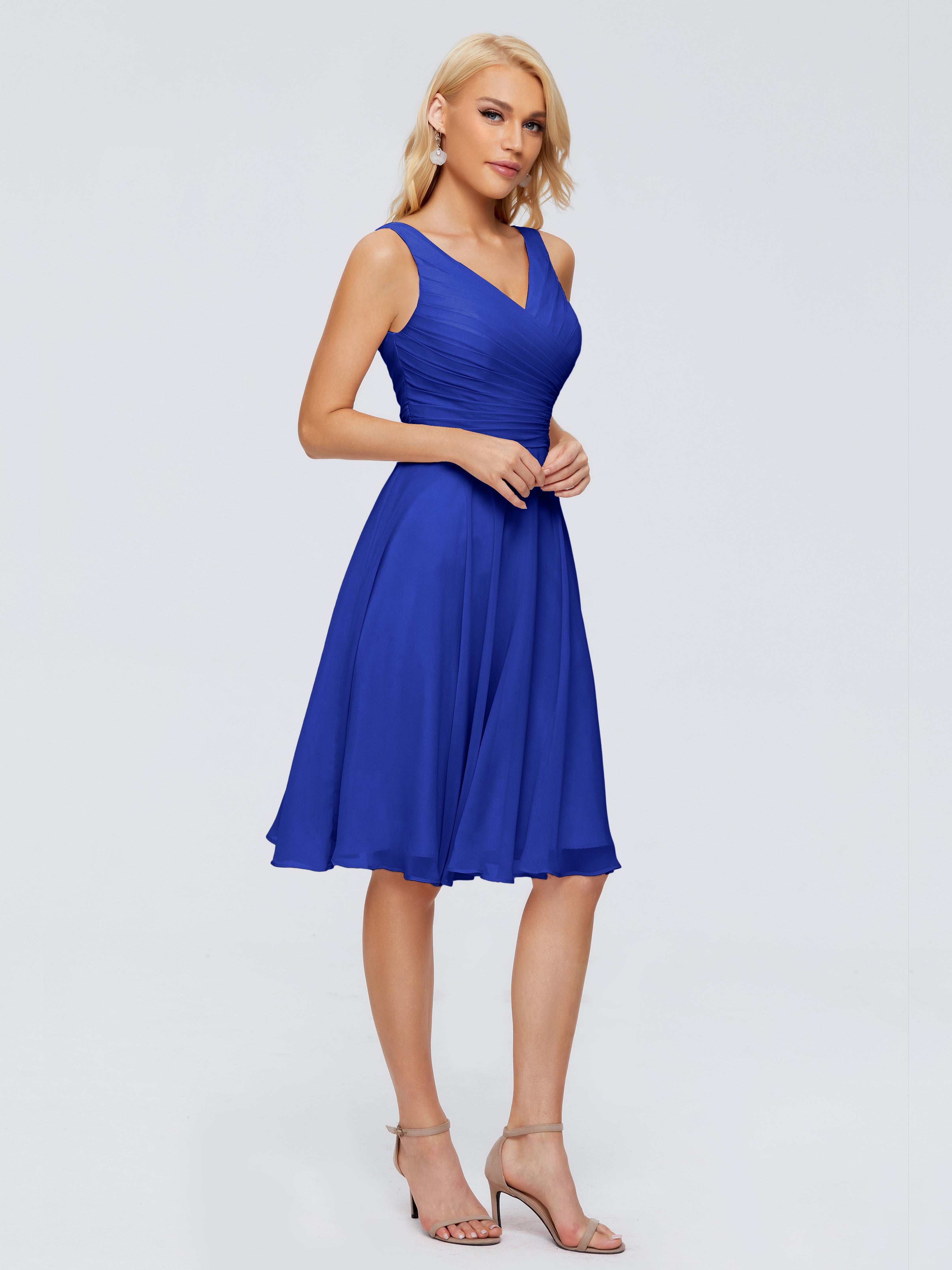 Court Robe Bleu Roi Demoiselle D Honneur Col V Longueur Genou Mousseline Robes Demoiselle D'Honneur