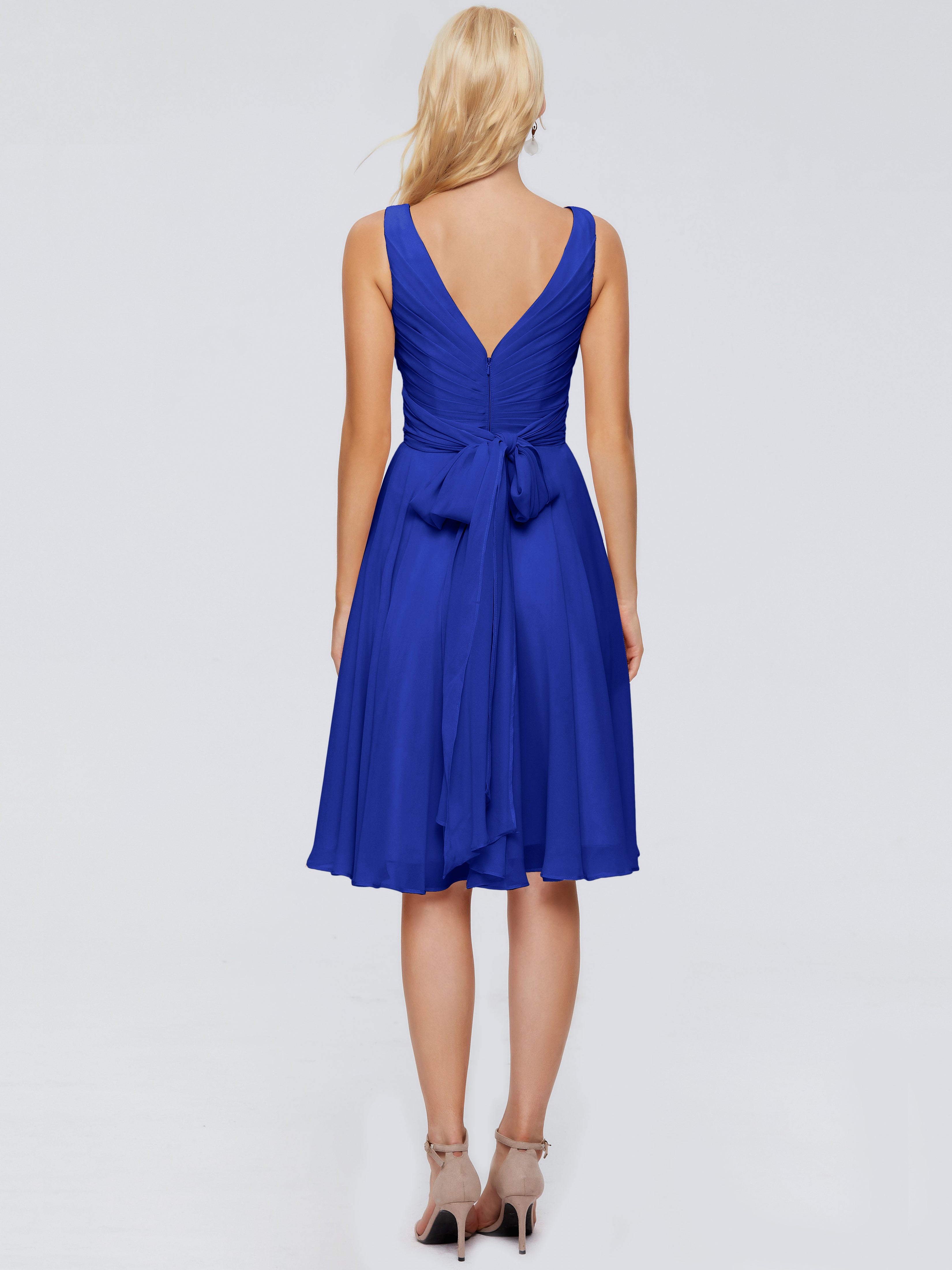 Court Robe Bleu Roi Demoiselle D Honneur Col V Longueur Genou Mousseline Robes Demoiselle D'Honneur