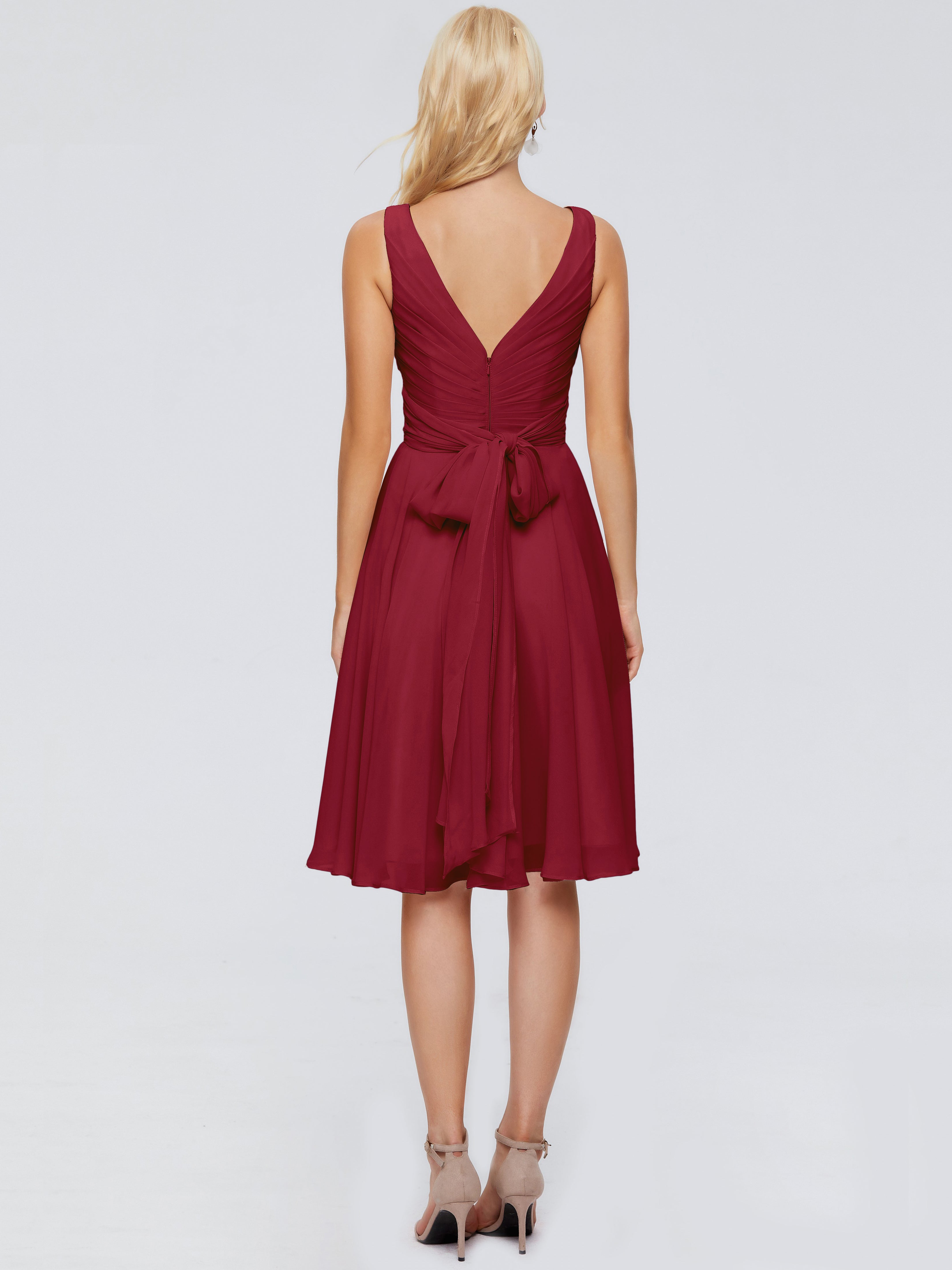 Modestes Robes De Demoiselle D'Honneur Bordeaux Col V Longueur Genou Mousseline Robes Demoiselle D'Honneur