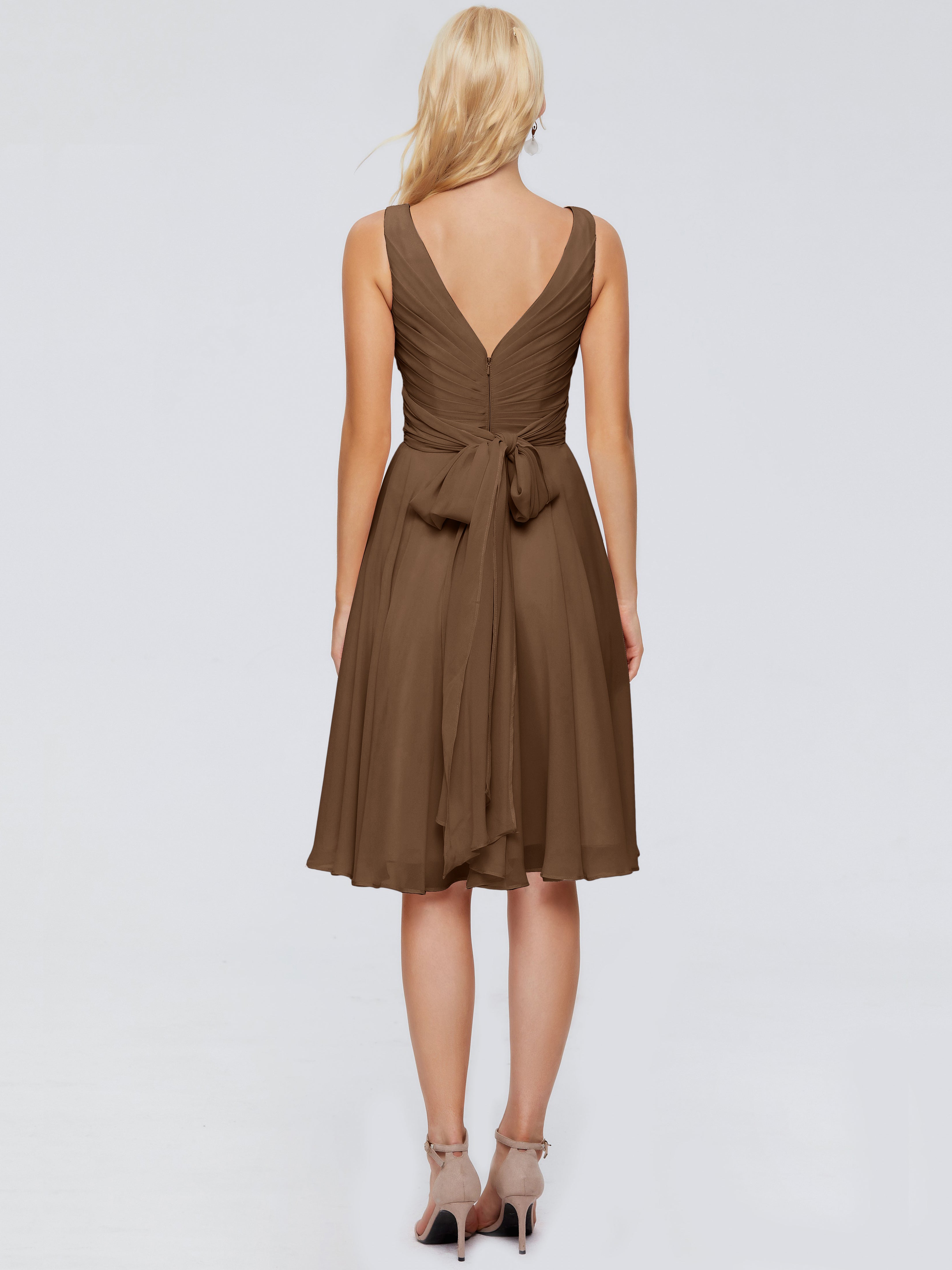 Robes De Demoiselle D'Honneur Brun Col V Longueur Genou Mousseline Robes Demoiselle D'Honneur