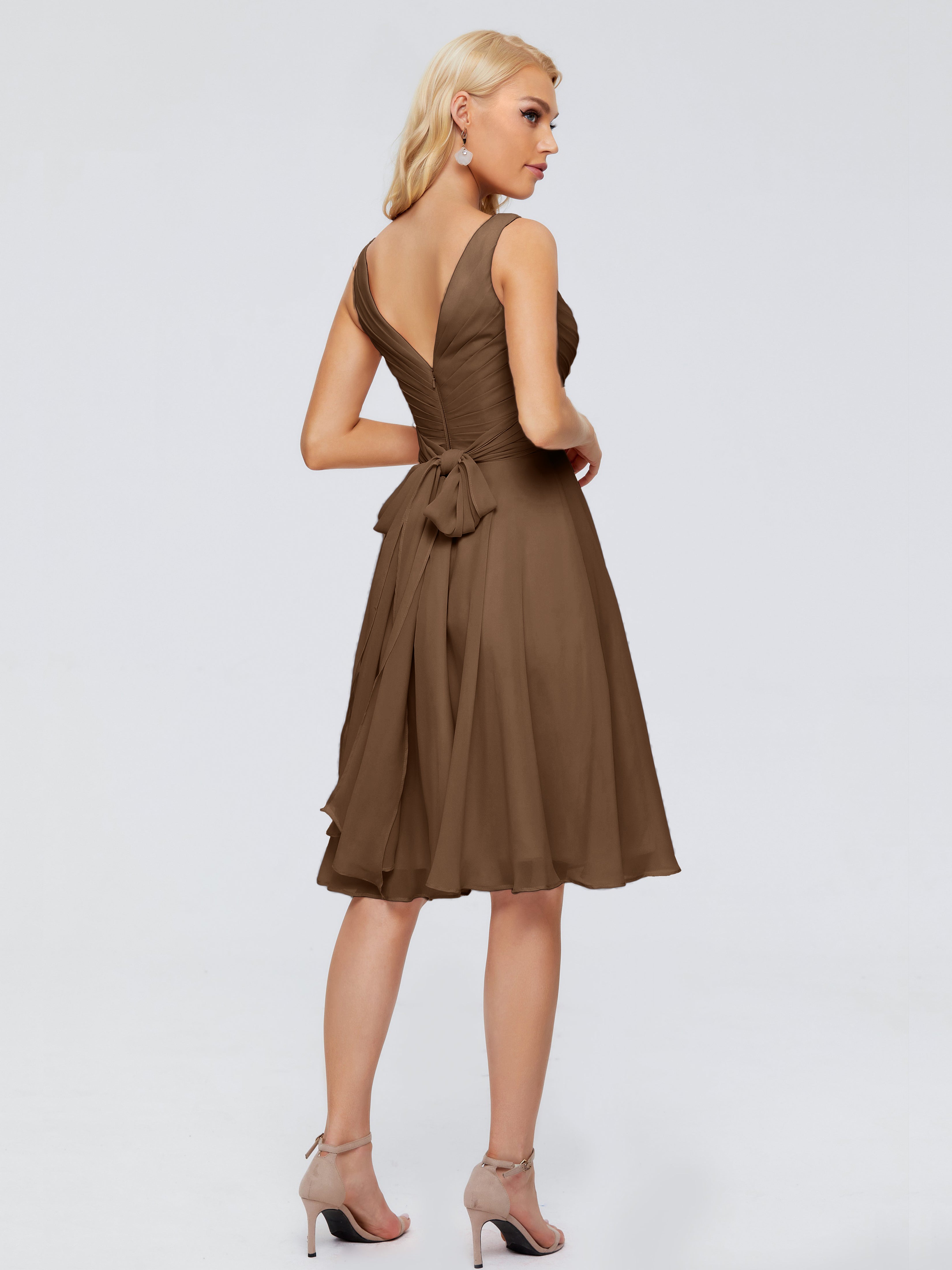 Robes De Demoiselle D'Honneur Brun Col V Longueur Genou Mousseline Robes Demoiselle D'Honneur