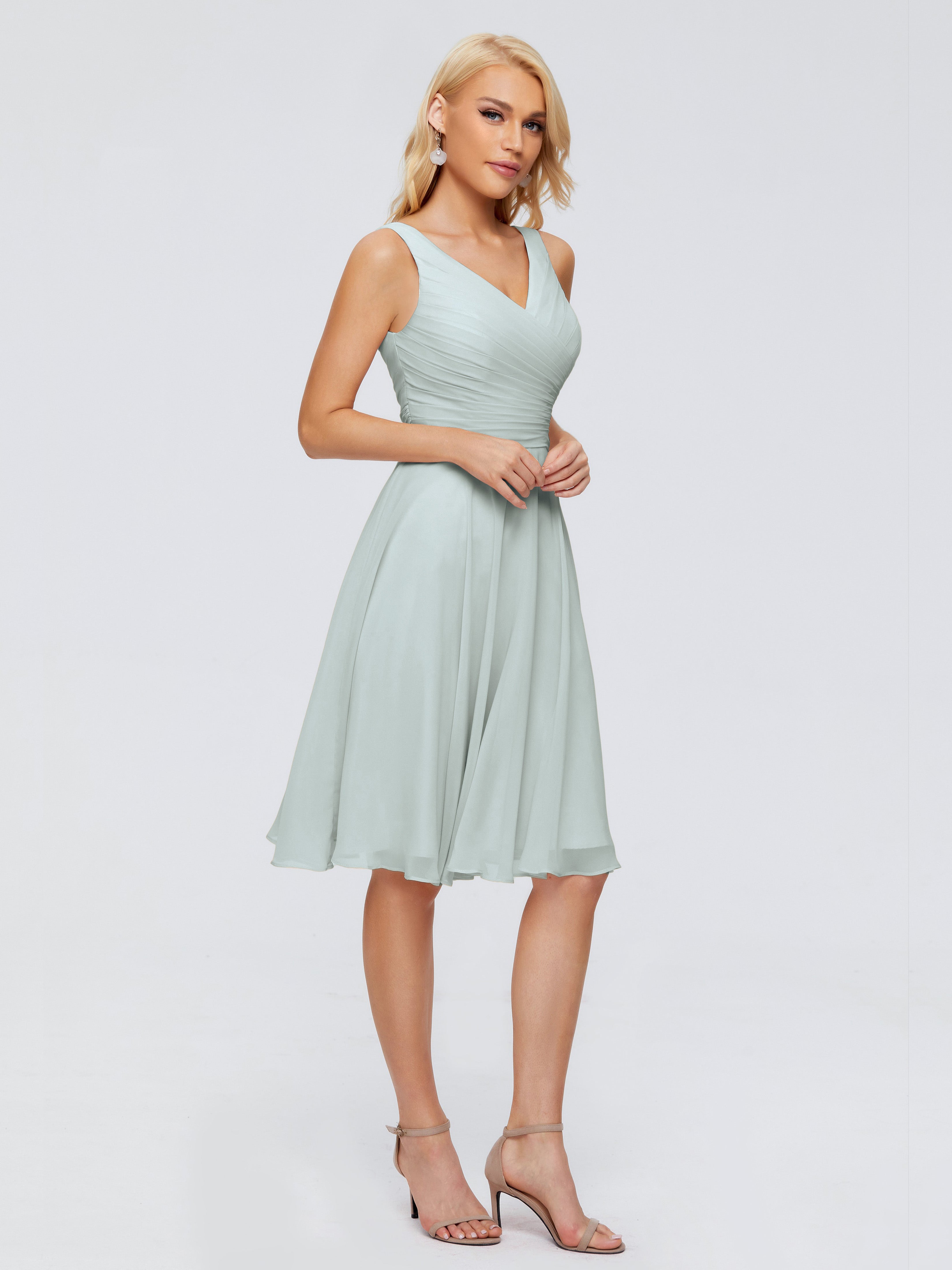 Robes De Demoiselle D'Honneur Celadon Col V Longueur Genou Mousseline Robes Demoiselle D'Honneur