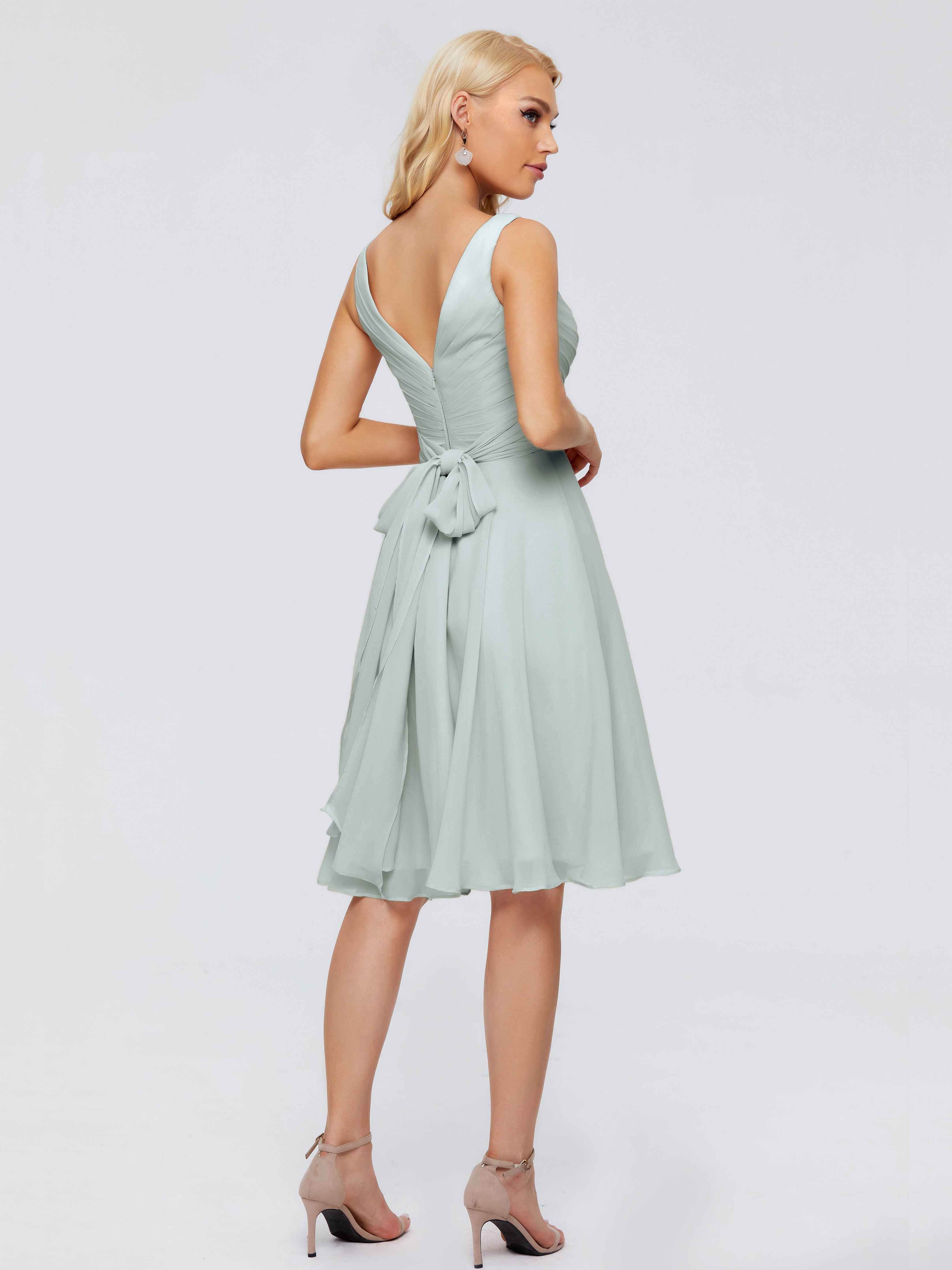 Robes De Demoiselle D'Honneur Celadon Col V Longueur Genou Mousseline Robes Demoiselle D'Honneur