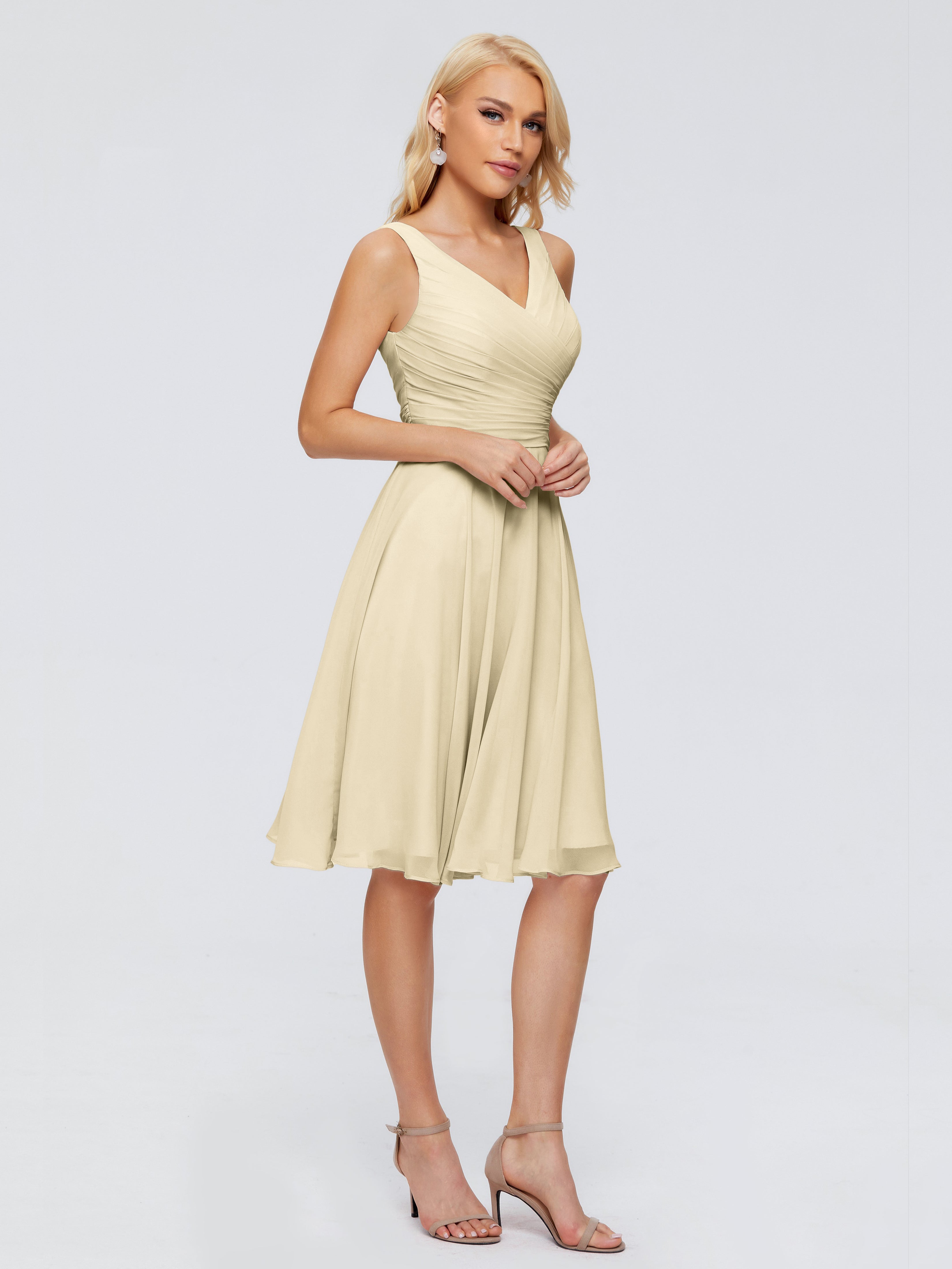 Robes De Demoiselle D'Honneur Couleur Champagne Col V Longueur Genou Mousseline Robes Demoiselle D'Honneur