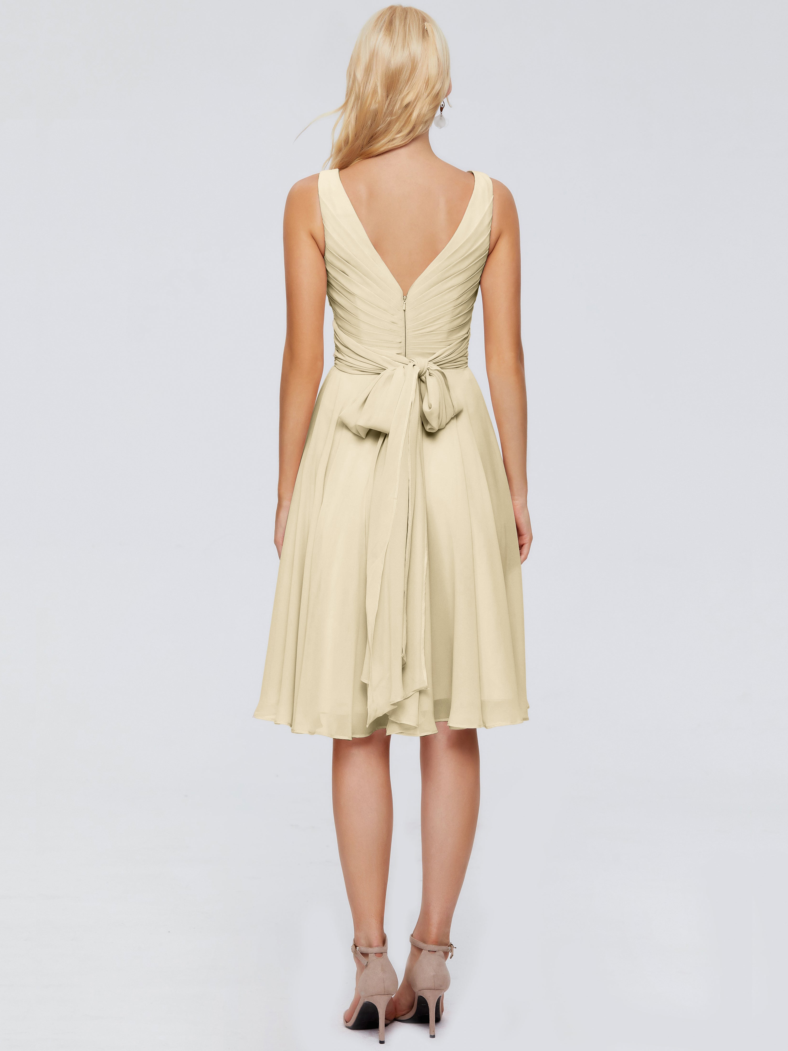 Robes De Demoiselle D'Honneur Couleur Champagne Col V Longueur Genou Mousseline Robes Demoiselle D'Honneur