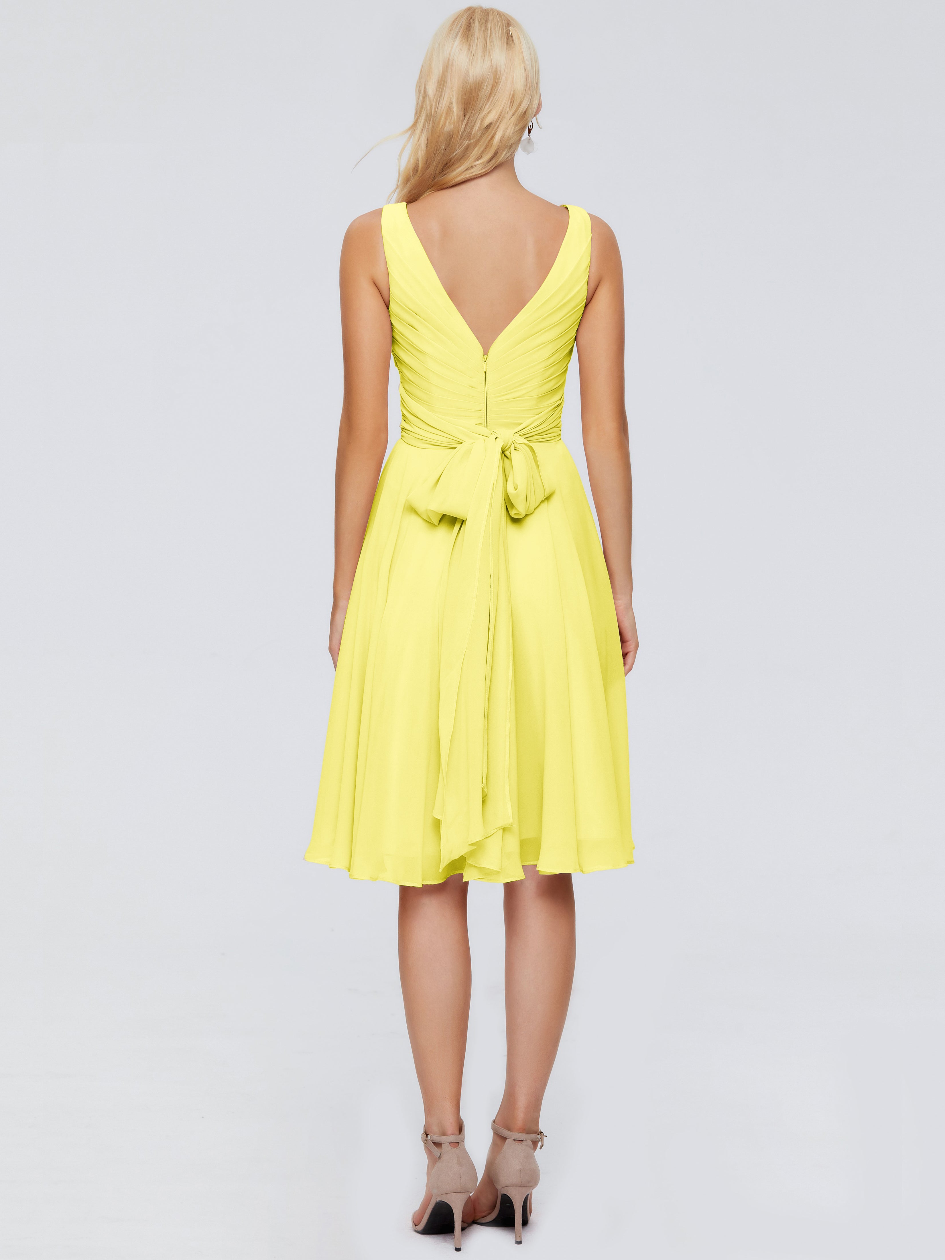 Robes De Demoiselle D'Honneur Citron Col V Longueur Genou Mousseline Robes Demoiselle D'Honneur