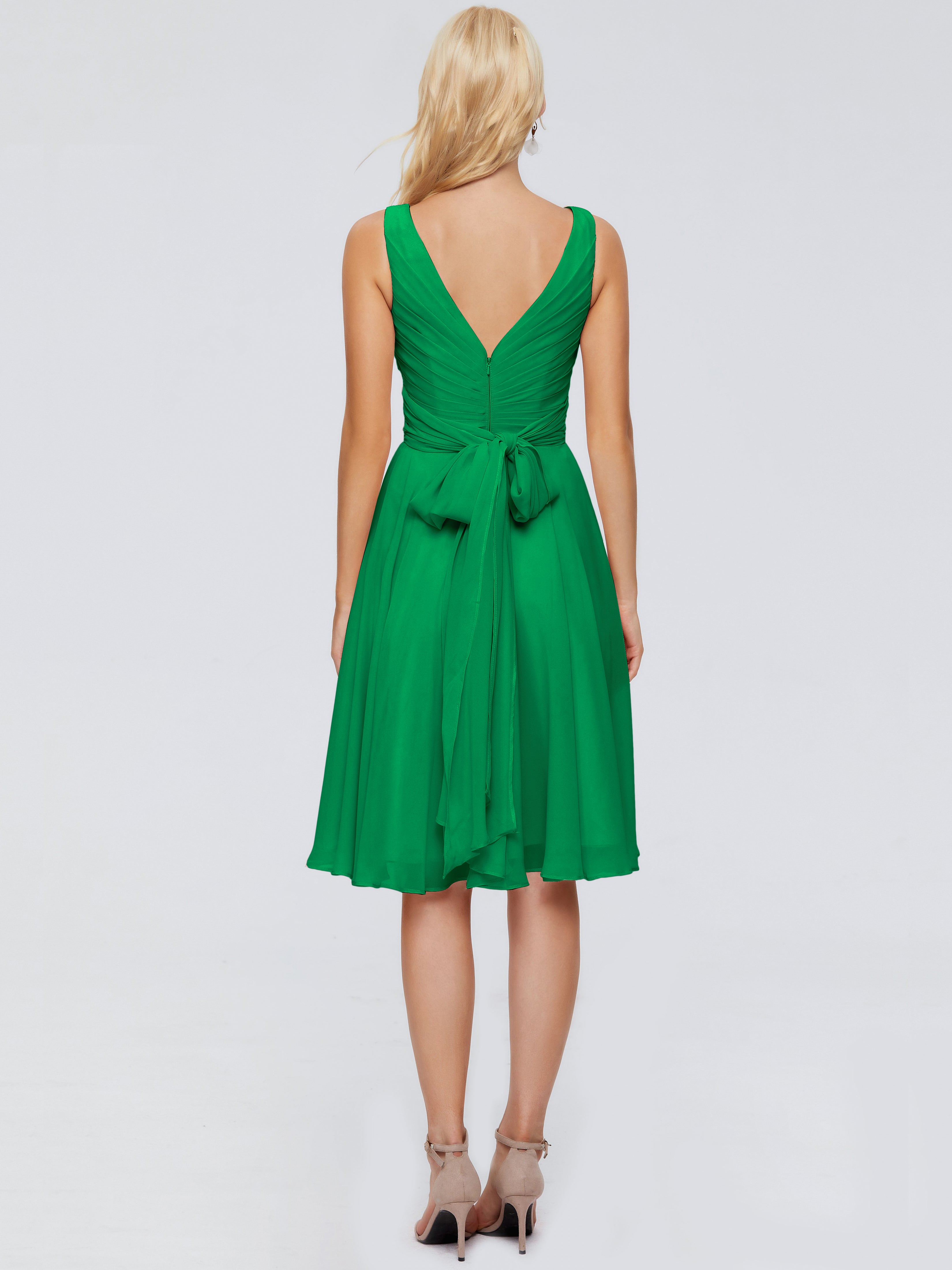 Robes De Demoiselle D'Honneur Vert Émeraude Col V Longueur Genou Mousseline Robes Demoiselle D'Honneur