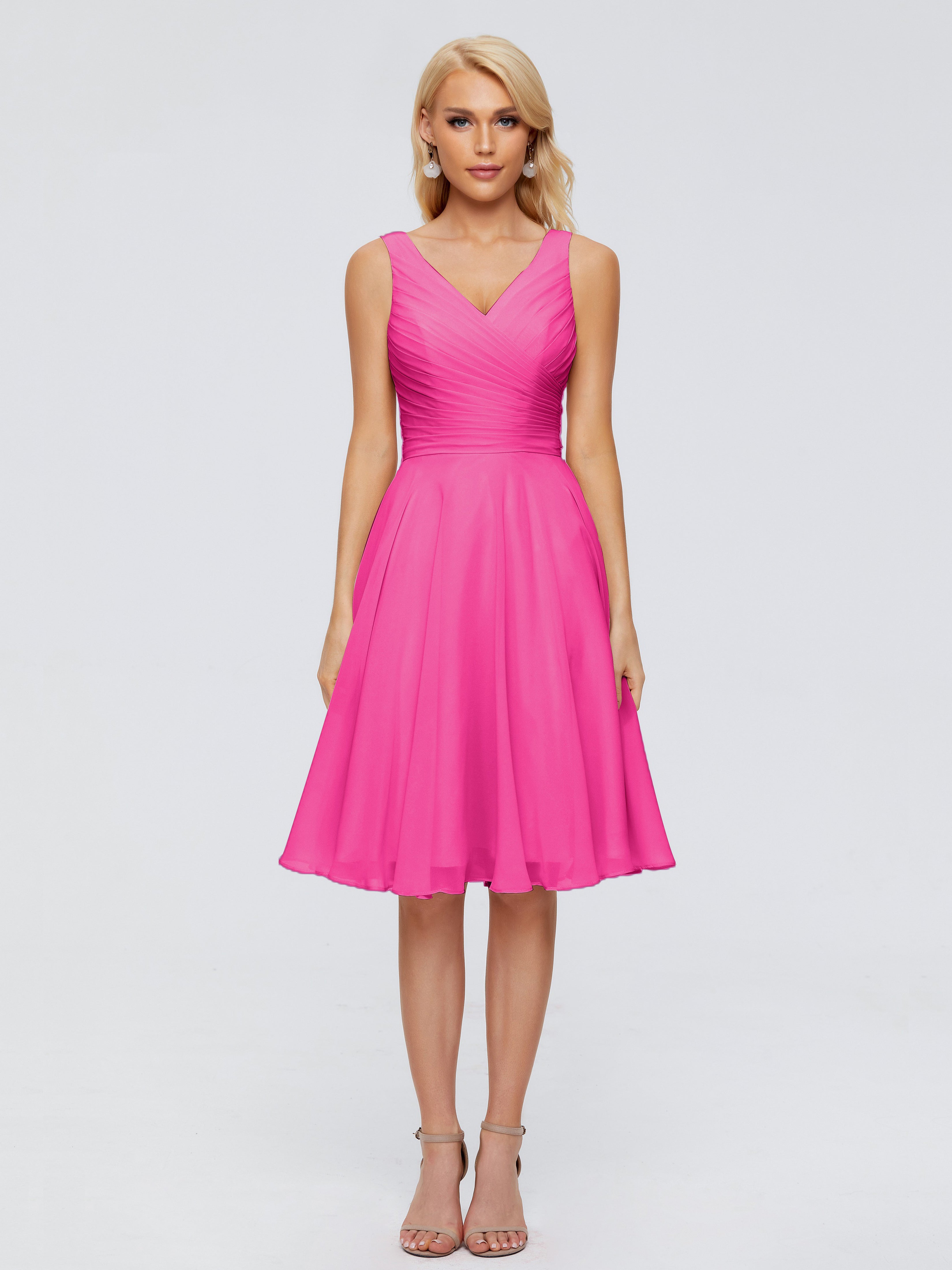 Robes De Demoiselle D'Honneur Rose Fuchsia Col V Longueur Genou Mousseline Robes Demoiselle D'Honneur