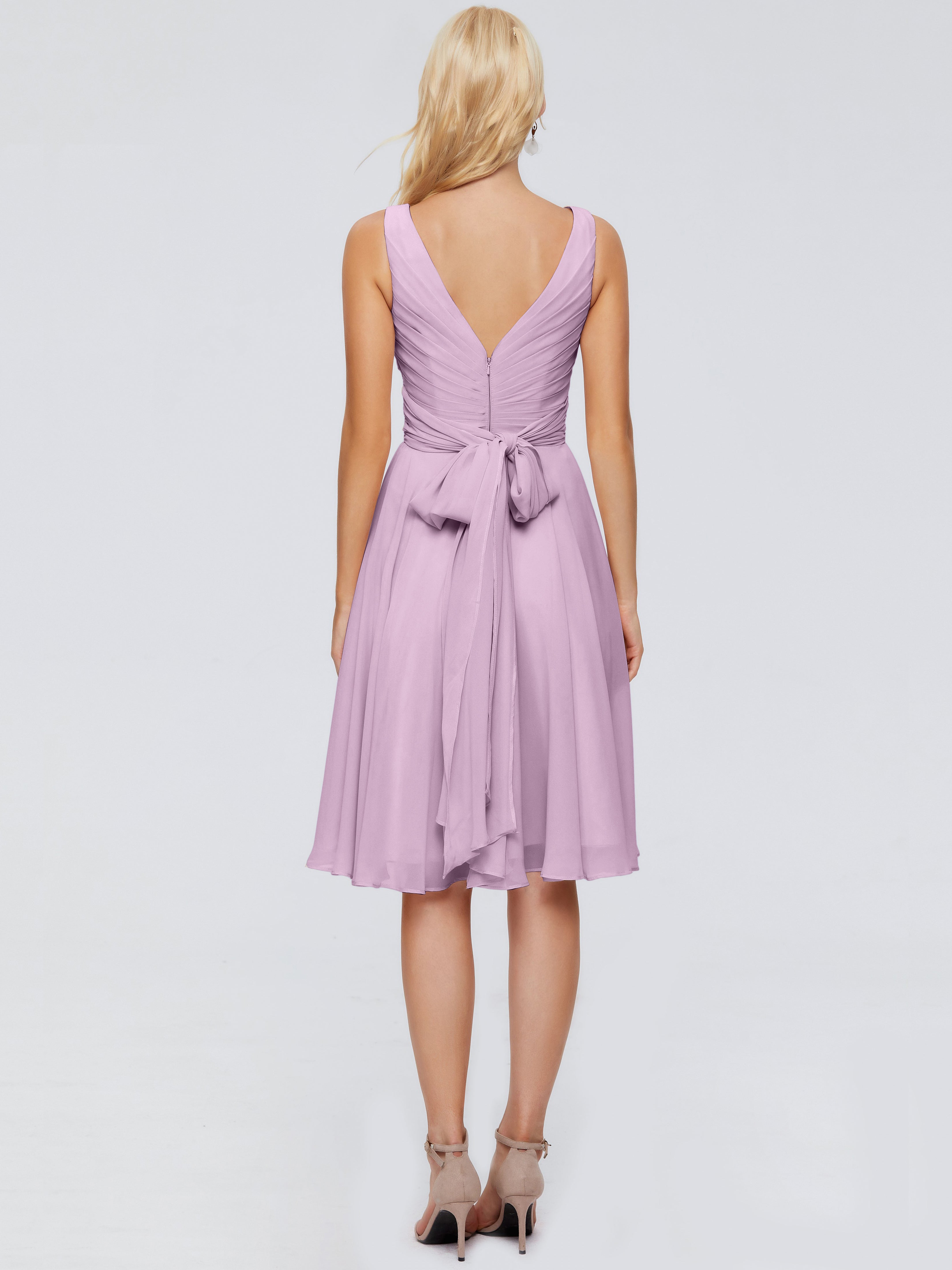 Robes De Demoiselle D'Honneur Glycine Col V Longueur Genou Mousseline Robes Demoiselle D'Honneur