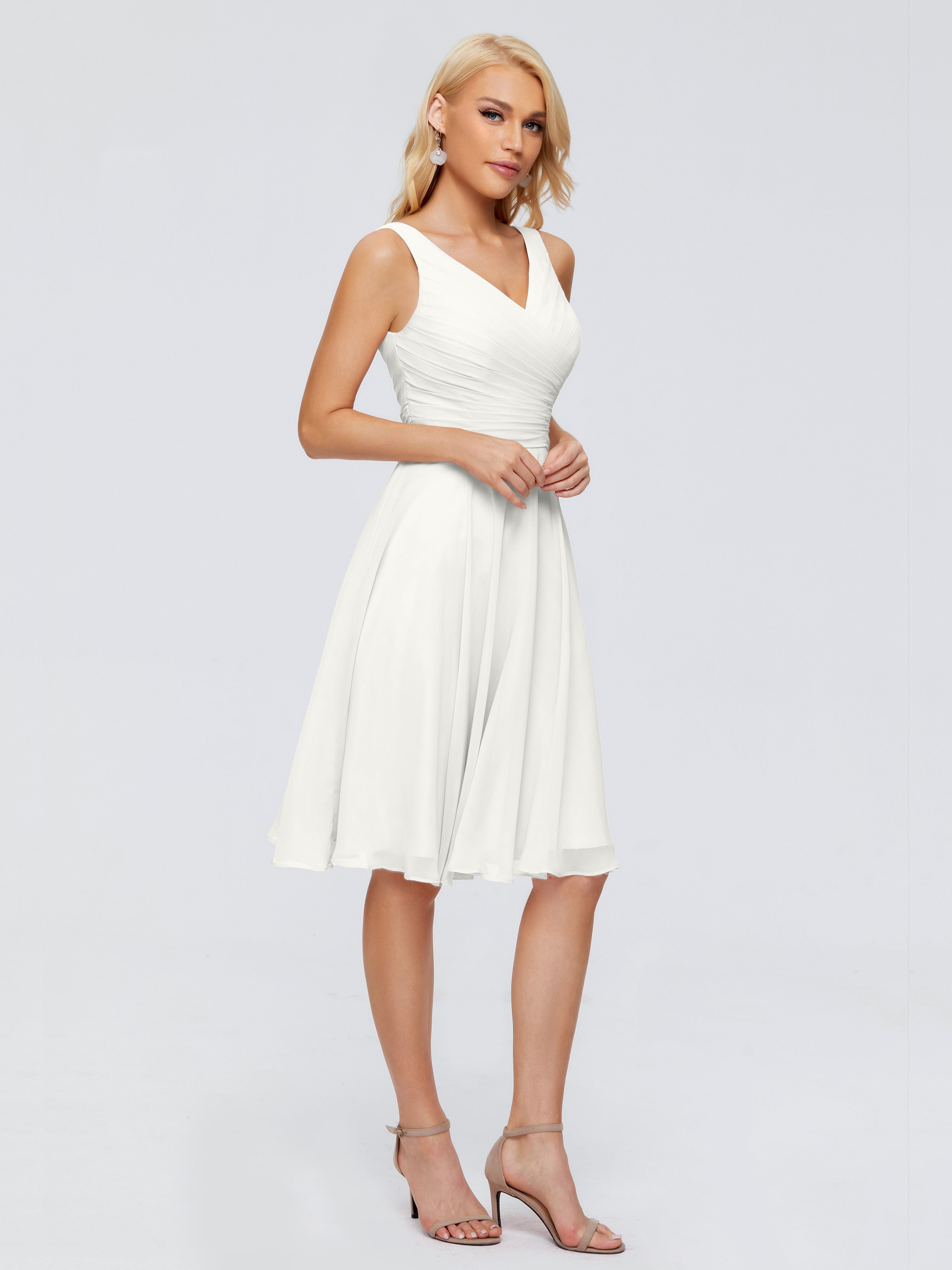 Robe Ivoire Demoiselle D Honneur Col V Longueur Genou Mousseline Robes Demoiselle D'Honneur