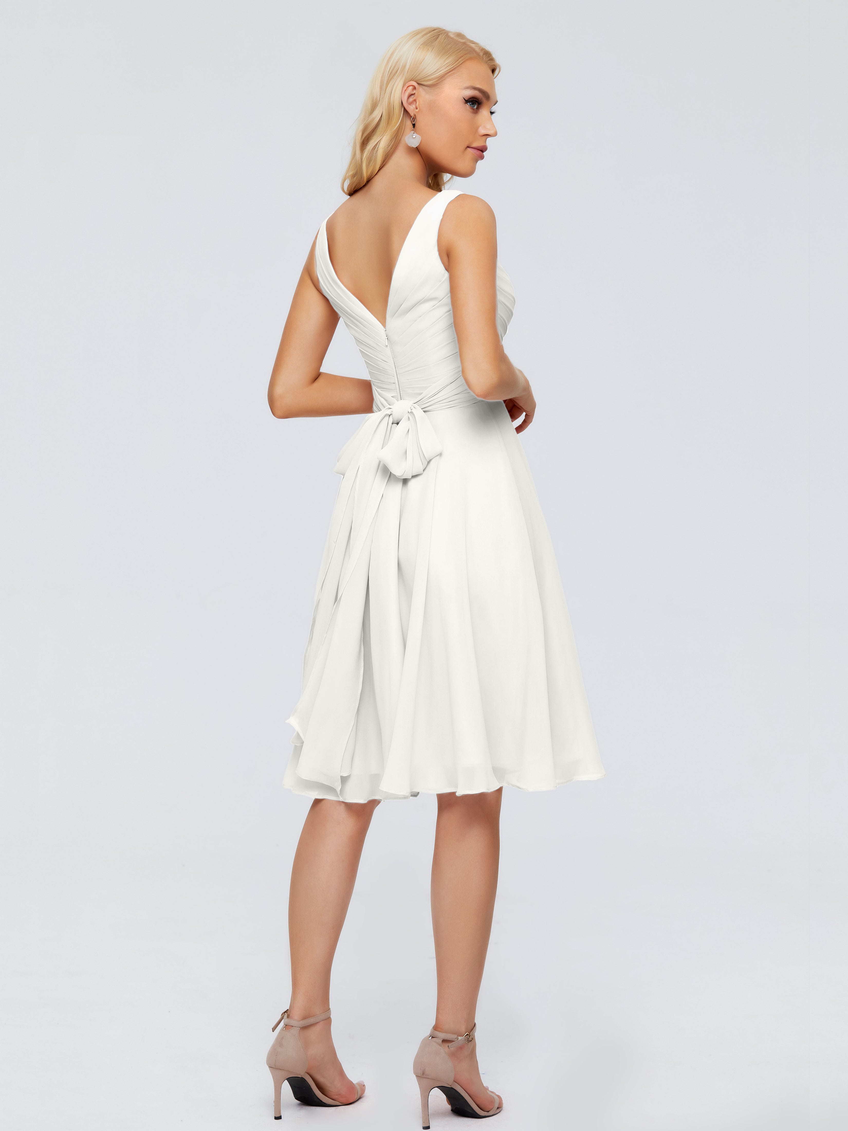 Robe Ivoire Demoiselle D Honneur Col V Longueur Genou Mousseline Robes Demoiselle D'Honneur