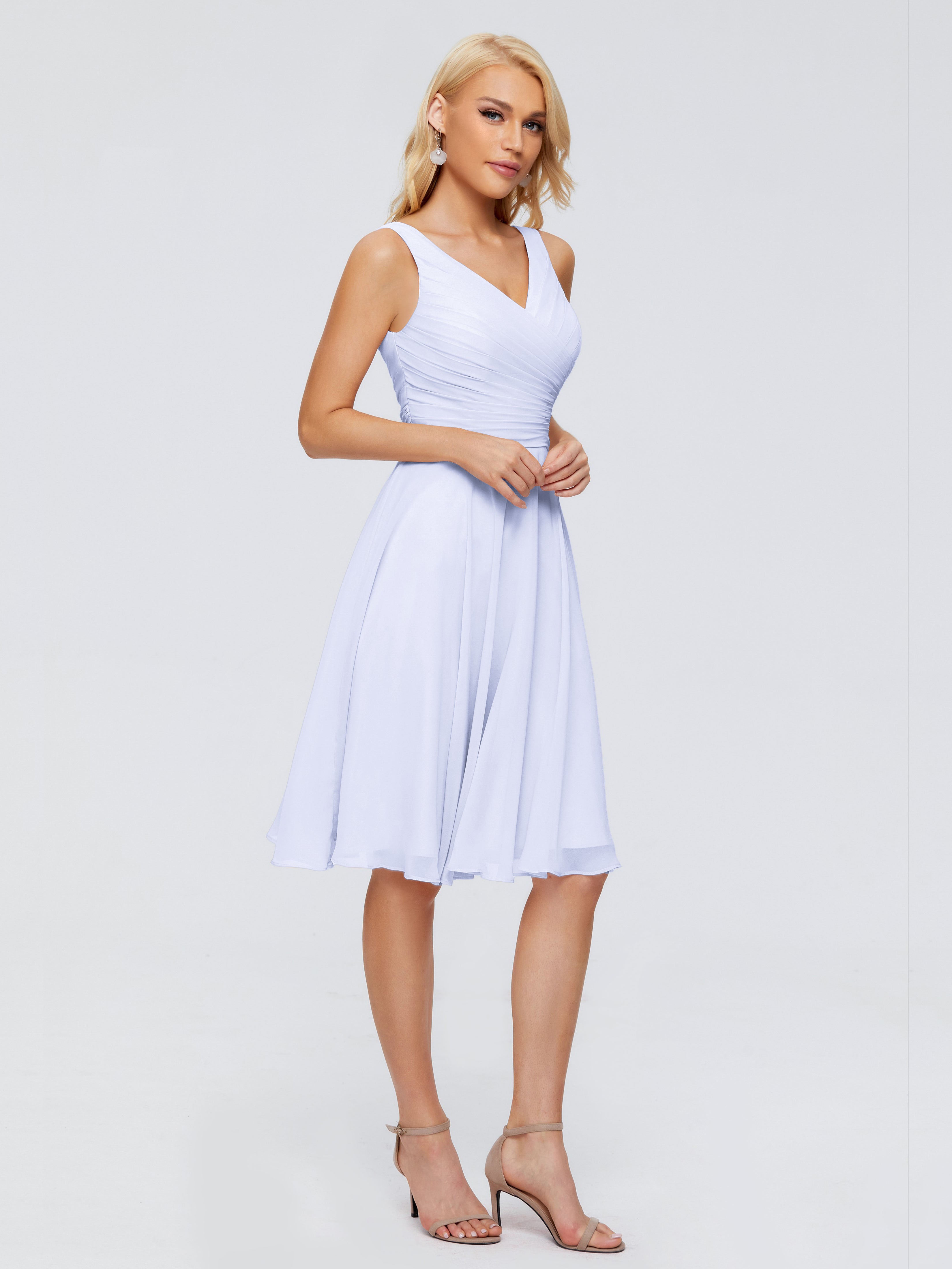 Robe Lavande Demoiselle D Honneur Col V Longueur Genou Mousseline Robes Demoiselle D'Honneur